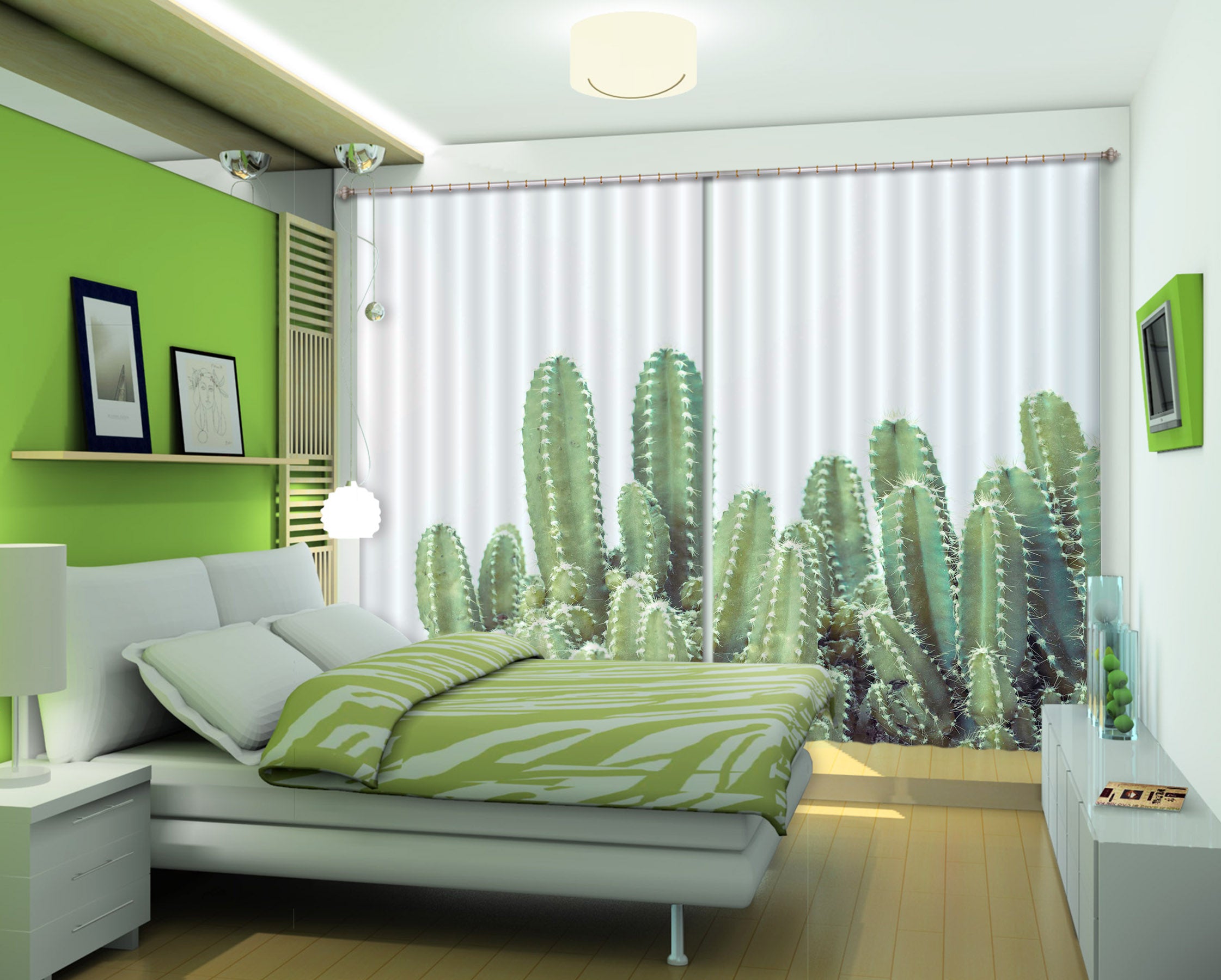 3D Green Cactus 019 Assaf Frank Curtain Curtains Drapes