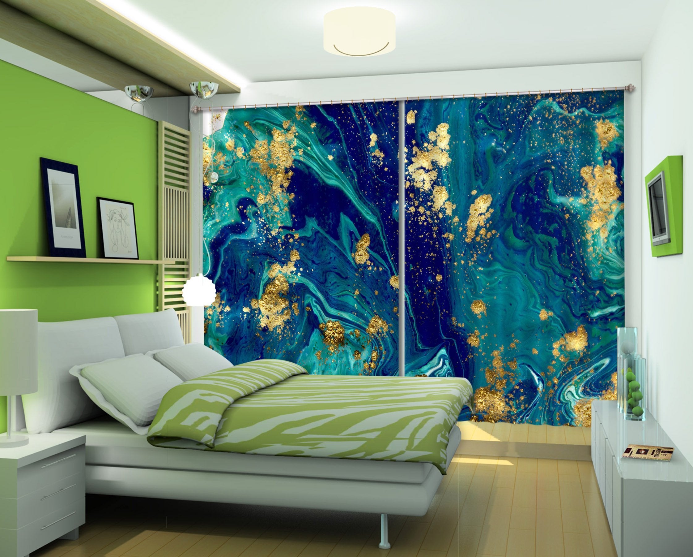 3D Dark Green Gold 21 Curtains Drapes Curtains AJ Creativity Home