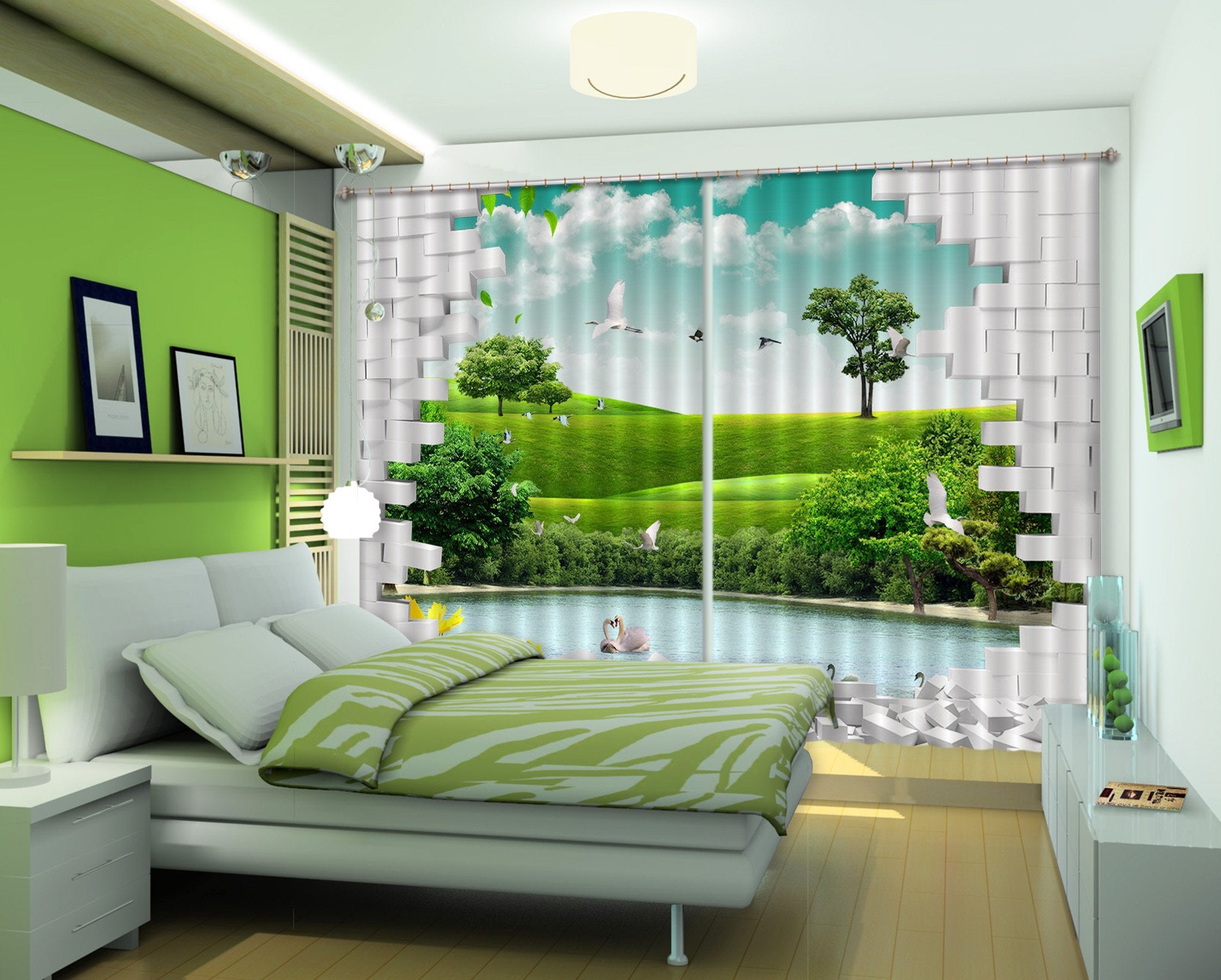 3D Lake Birds Grassland Bricks 357 Curtains Drapes Wallpaper AJ Wallpaper