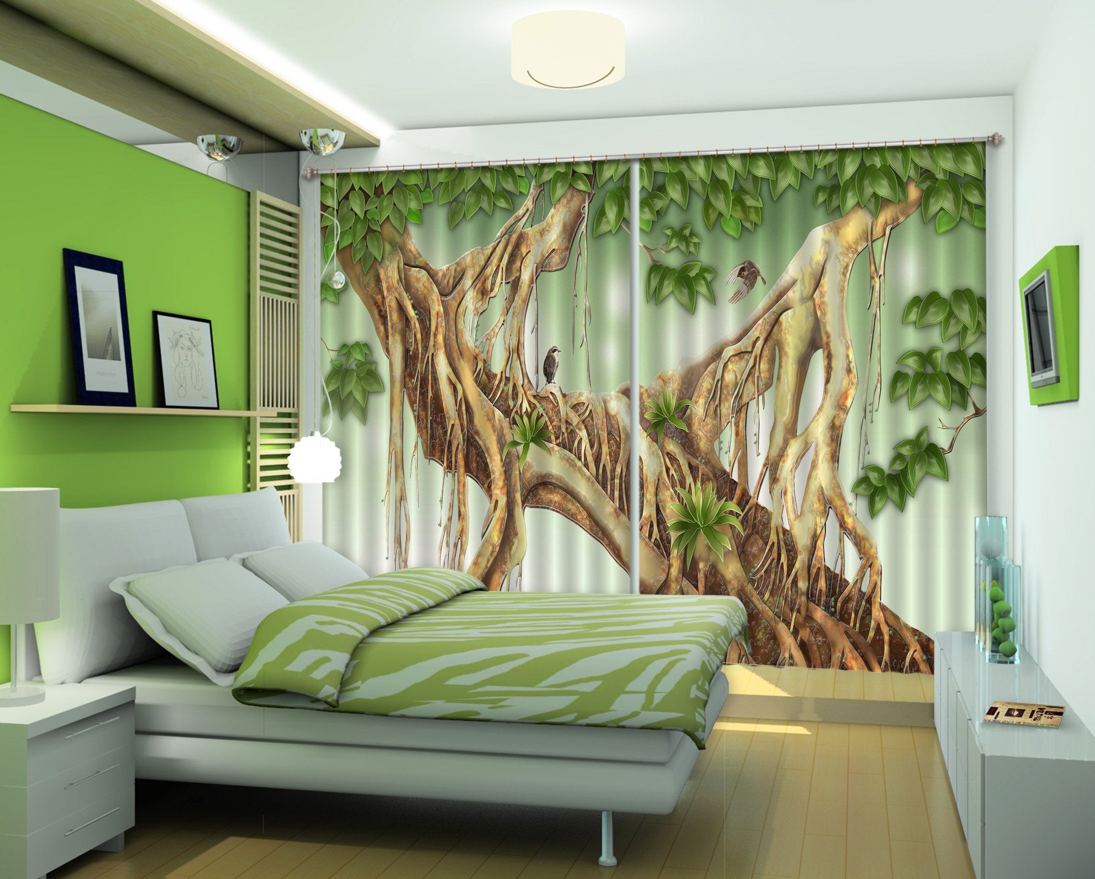 3D Tree Roots Birds Curtains Drapes Wallpaper AJ Wallpaper