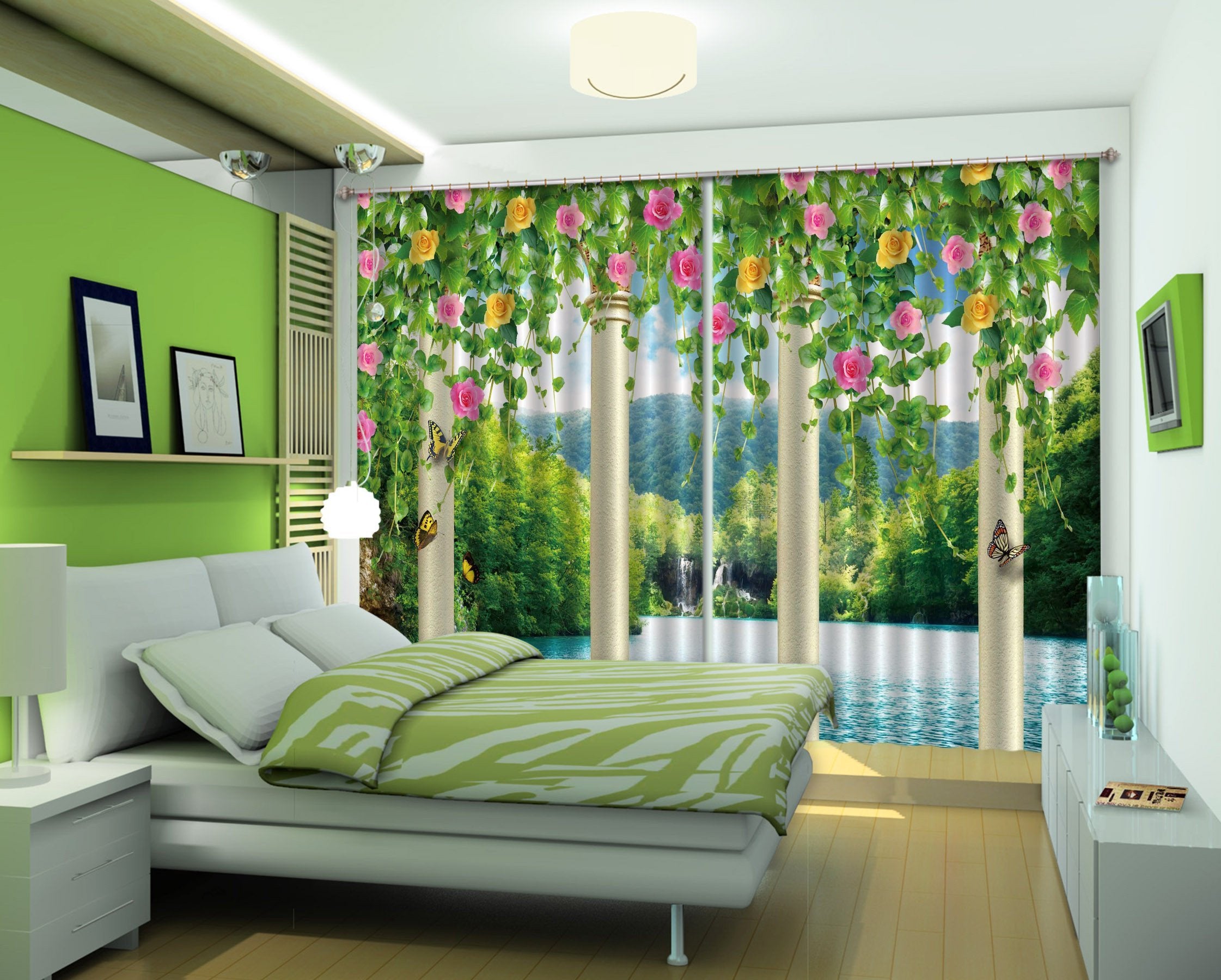 3D Lake Pillars Flowers Curtains Drapes Wallpaper AJ Wallpaper