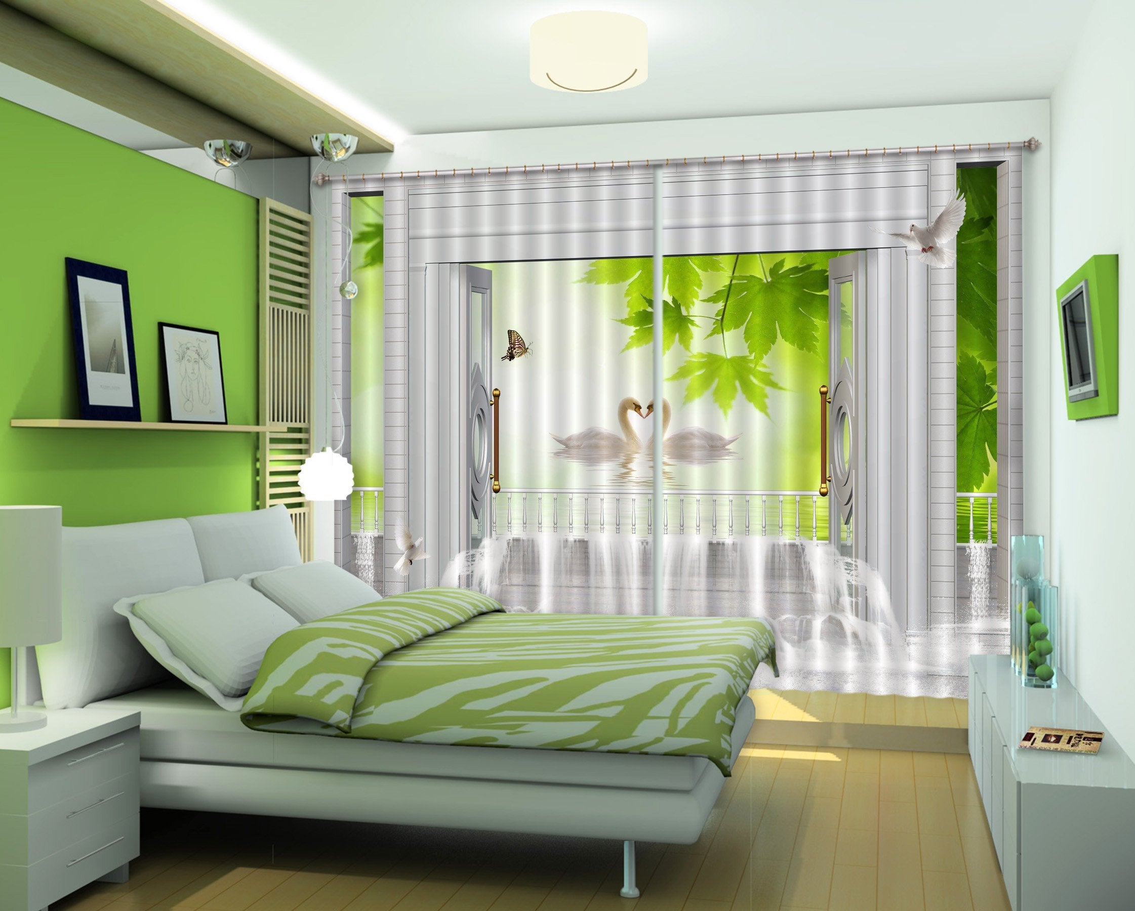 3D Door Lake Swans 457 Curtains Drapes Wallpaper AJ Wallpaper