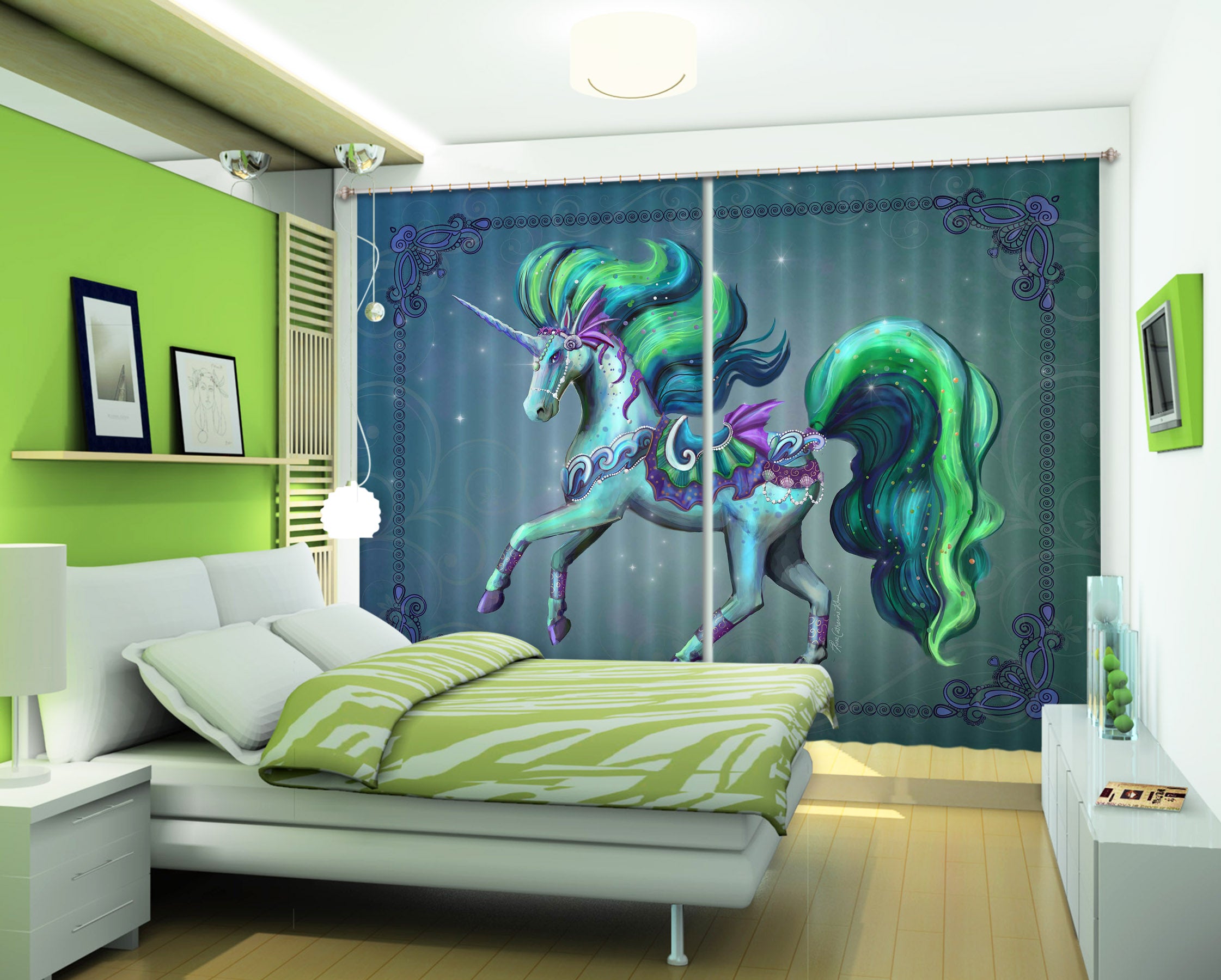 3D Green Unicorn 119 Rose Catherine Khan Curtain Curtains Drapes