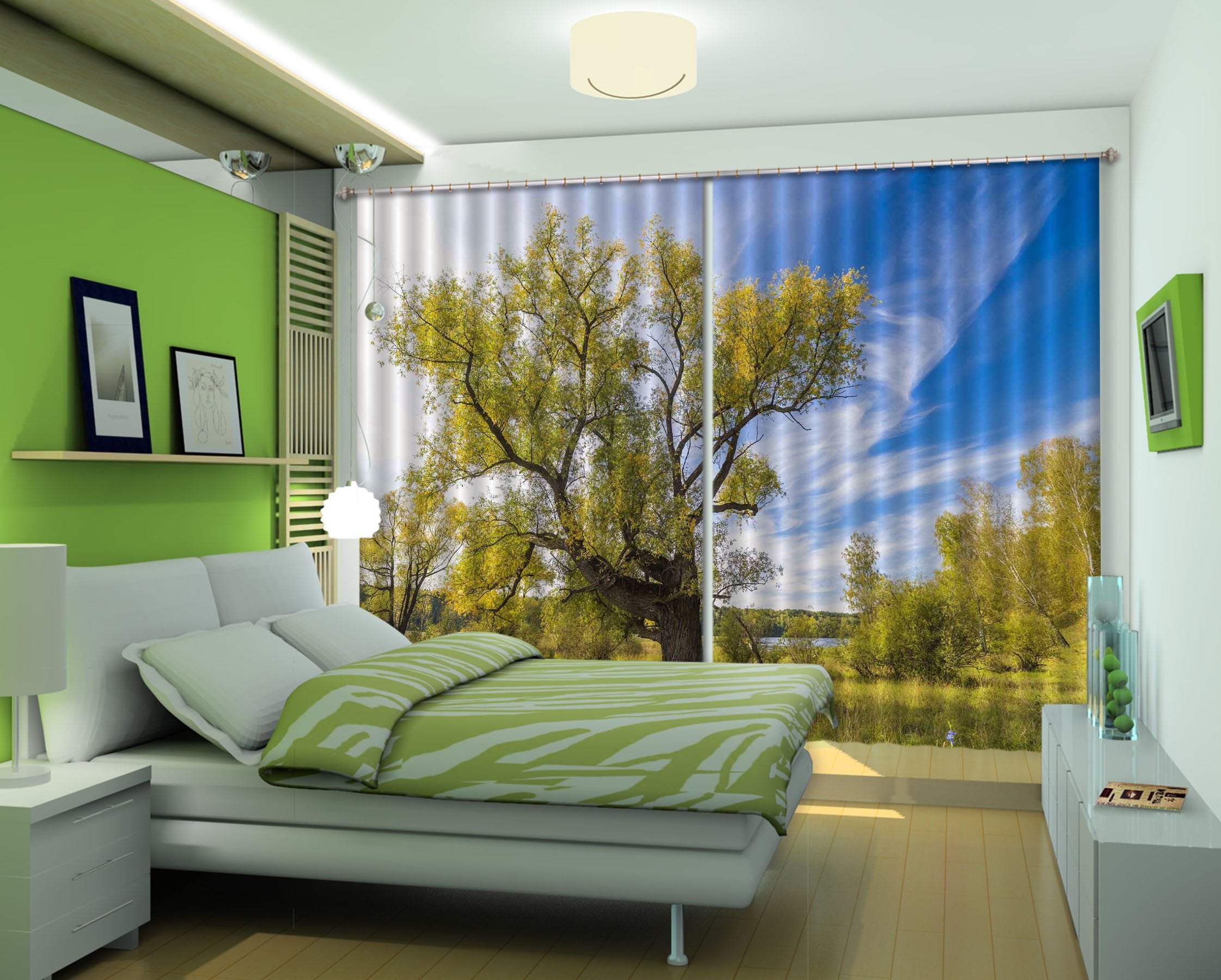 3D Green Trees Blue Sky 517 Curtains Drapes Wallpaper AJ Wallpaper