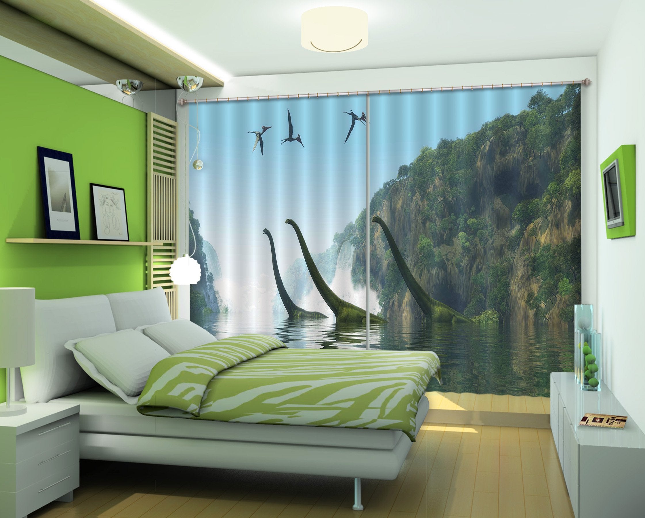 3D Brontosaurus Cross The River 149 Curtains Drapes Curtains AJ Creativity Home