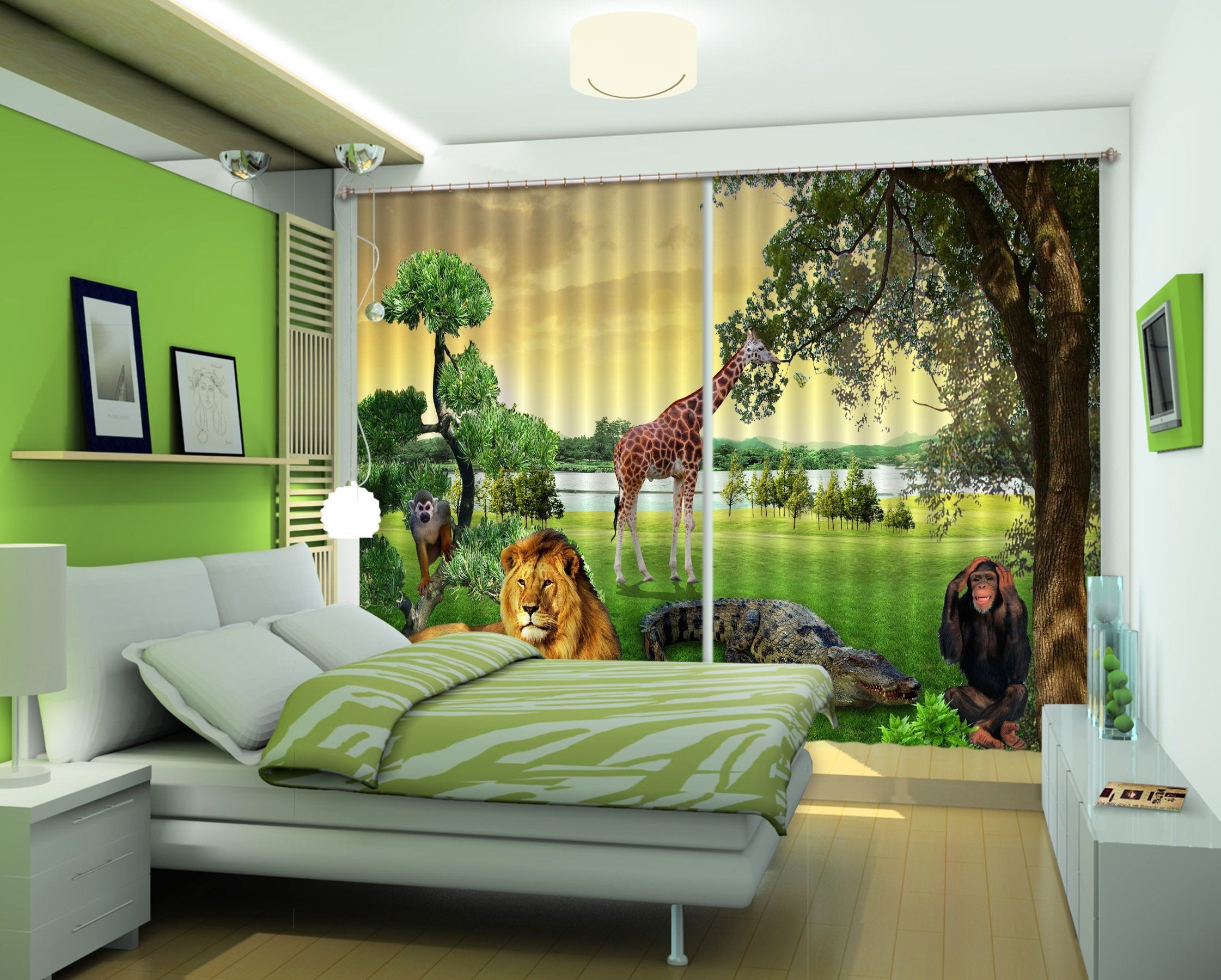3D Lakeside Lawn Animals Curtains Drapes Wallpaper AJ Wallpaper