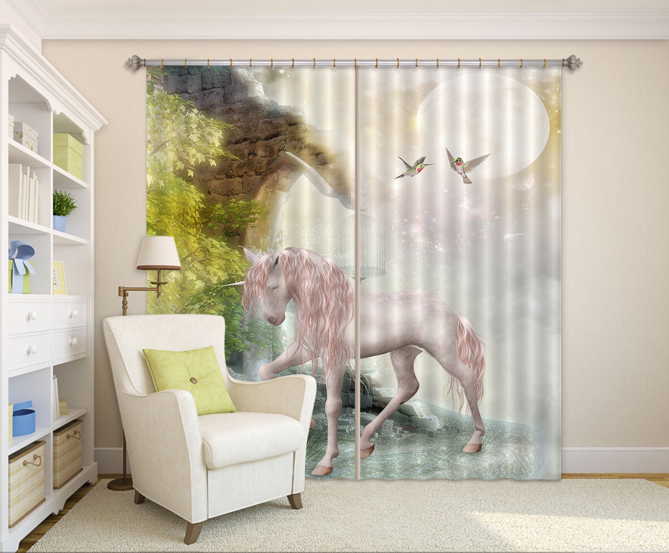3D Moon Bird Cage Unicorns 093 Curtains Drapes Curtains AJ Creativity Home