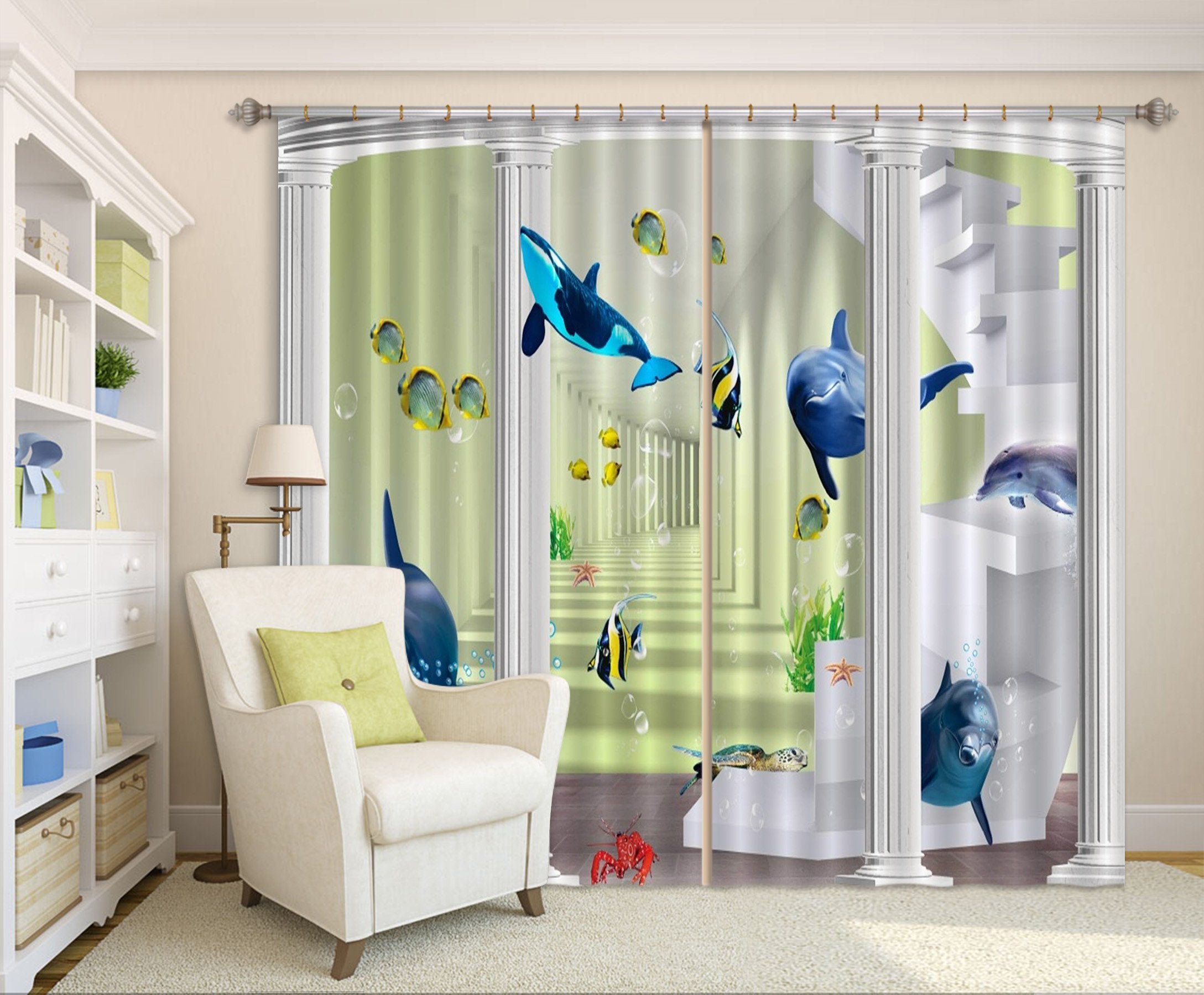 3D Pillars Corridor Dolphins 370 Curtains Drapes Wallpaper AJ Wallpaper
