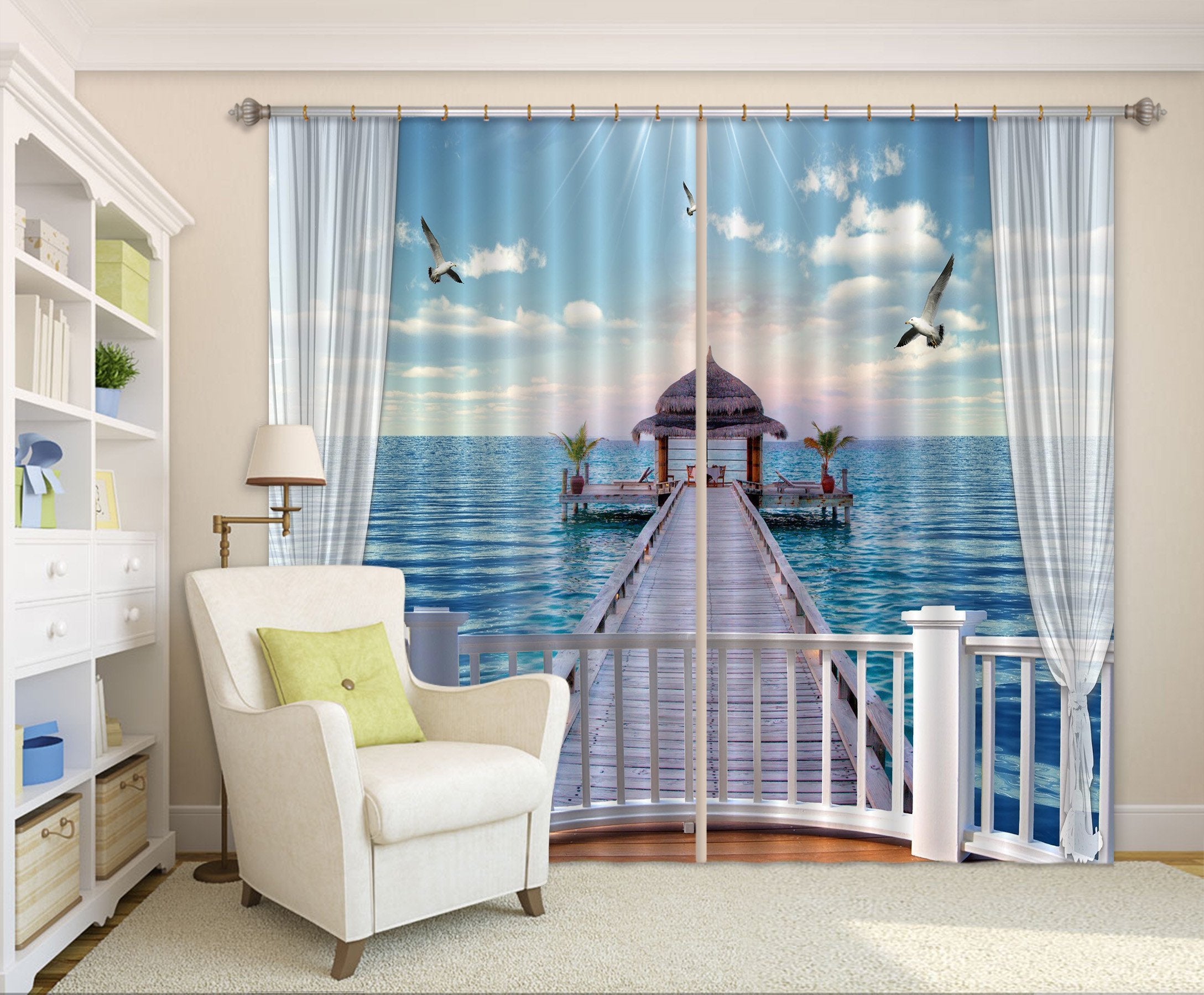 3D Balcony Sea Pavilion 44 Curtains Drapes Wallpaper AJ Wallpaper
