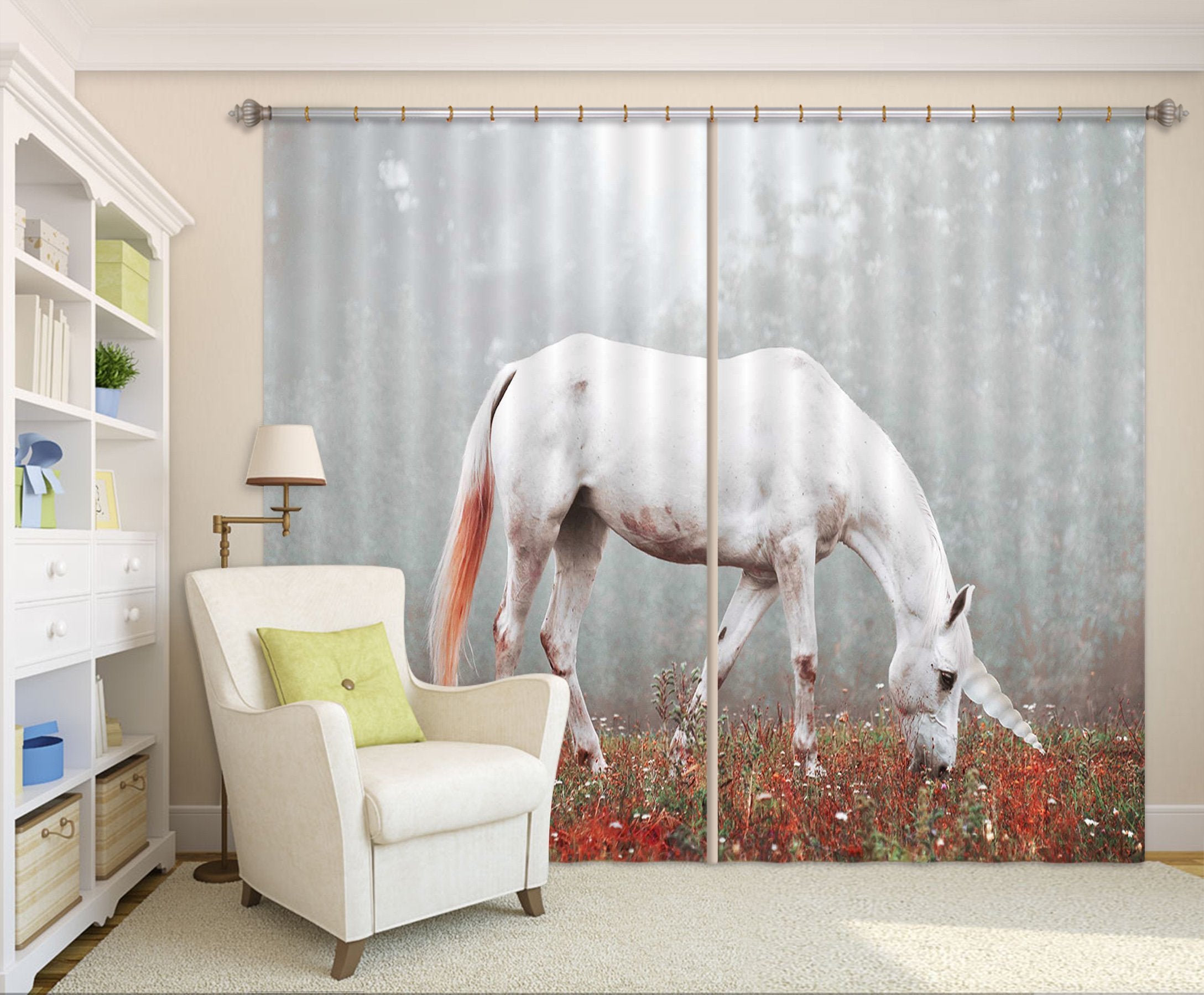 3D Grazing Unicorns 118 Curtains Drapes Curtains AJ Creativity Home
