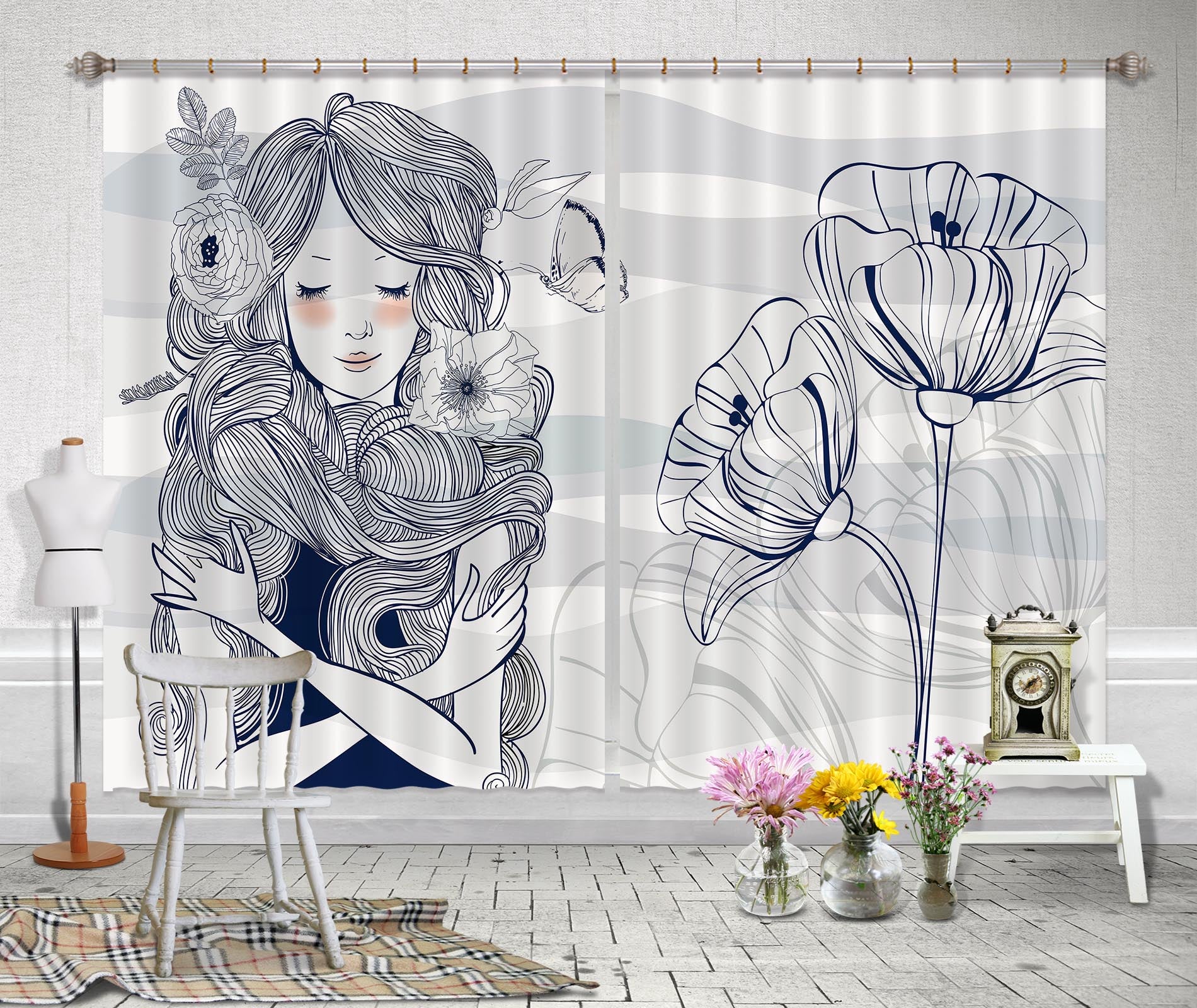3D Lotus Girl 718 Curtains Drapes