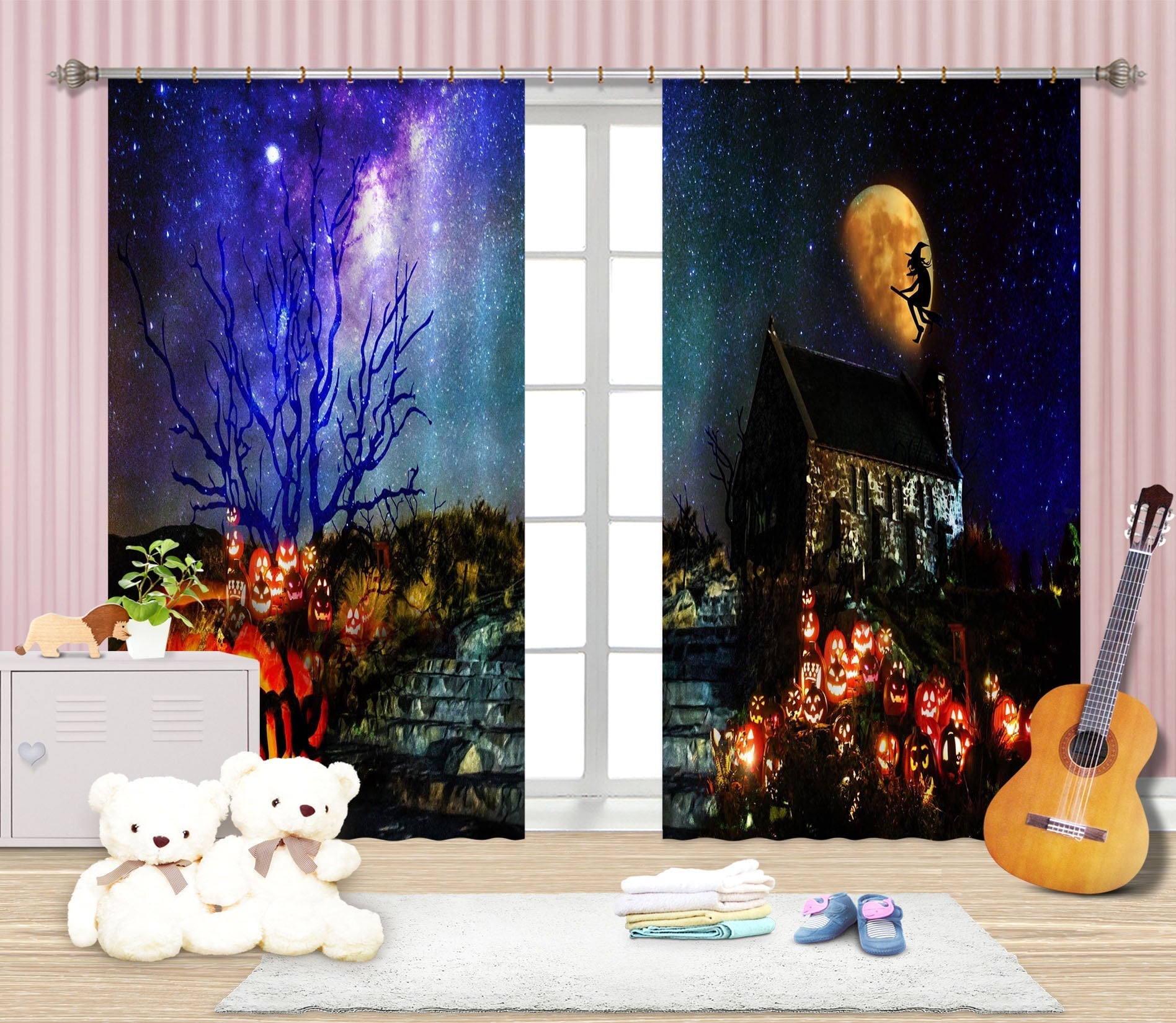 3D Moon Witch Pumpkin Light 036 Halloween Curtains Drapes Curtains AJ Creativity Home