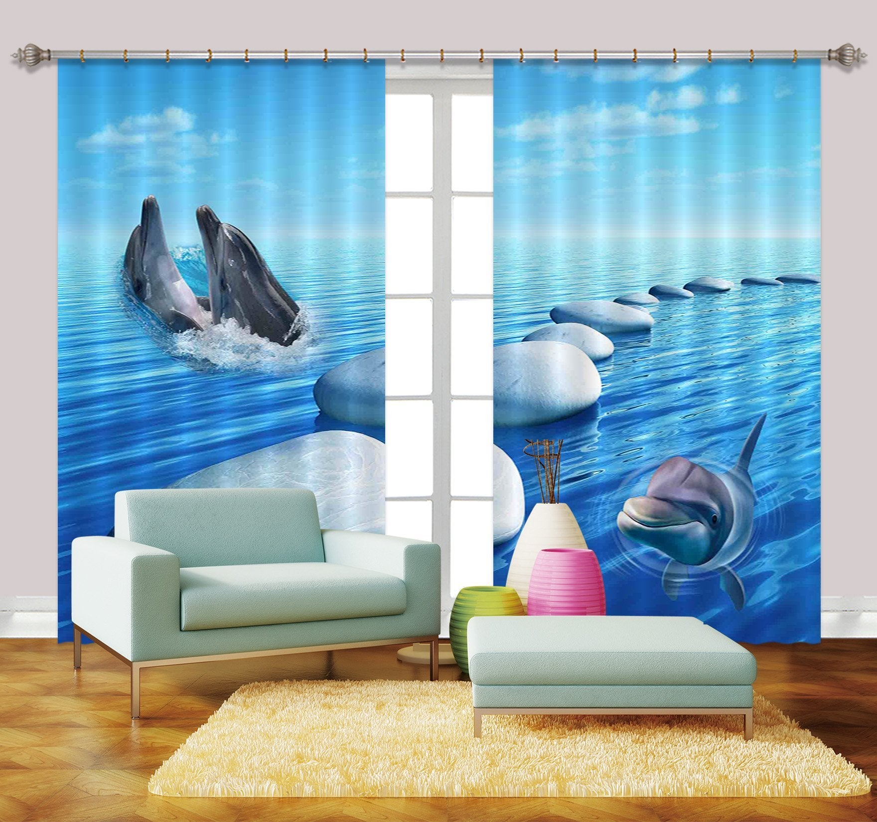 3D Blue Sea Dolphins 2238 Curtains Drapes Wallpaper AJ Wallpaper