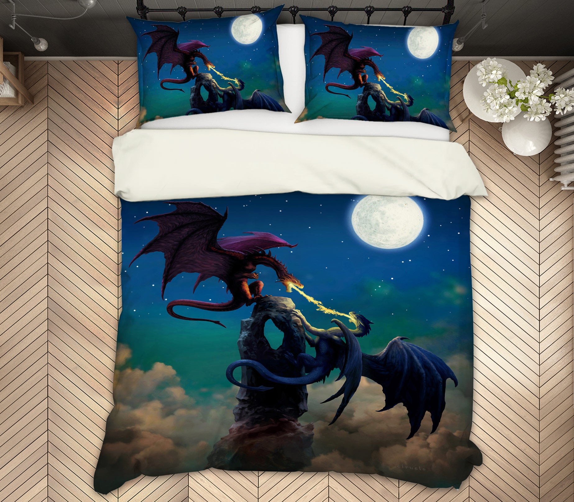 3D Night Sky Moon Dragon 7031 Ciruelo Bedding Bed Pillowcases Quilt