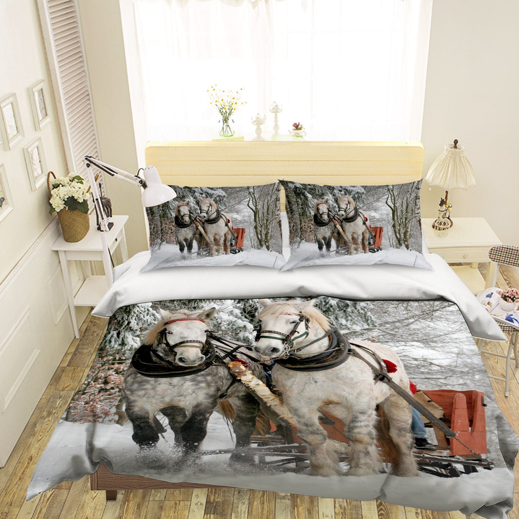 3D White Horse 1941 Bed Pillowcases Quilt