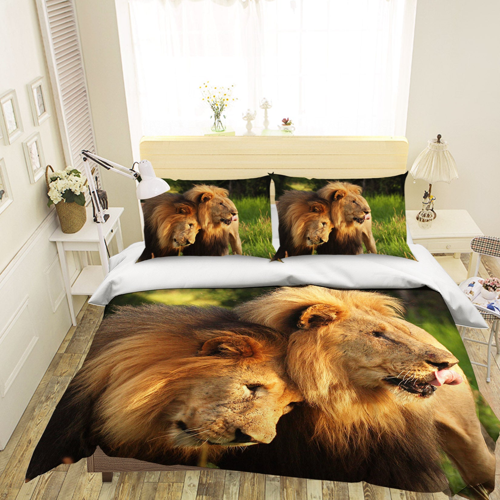 3D Couple Lion 134 Bed Pillowcases Quilt