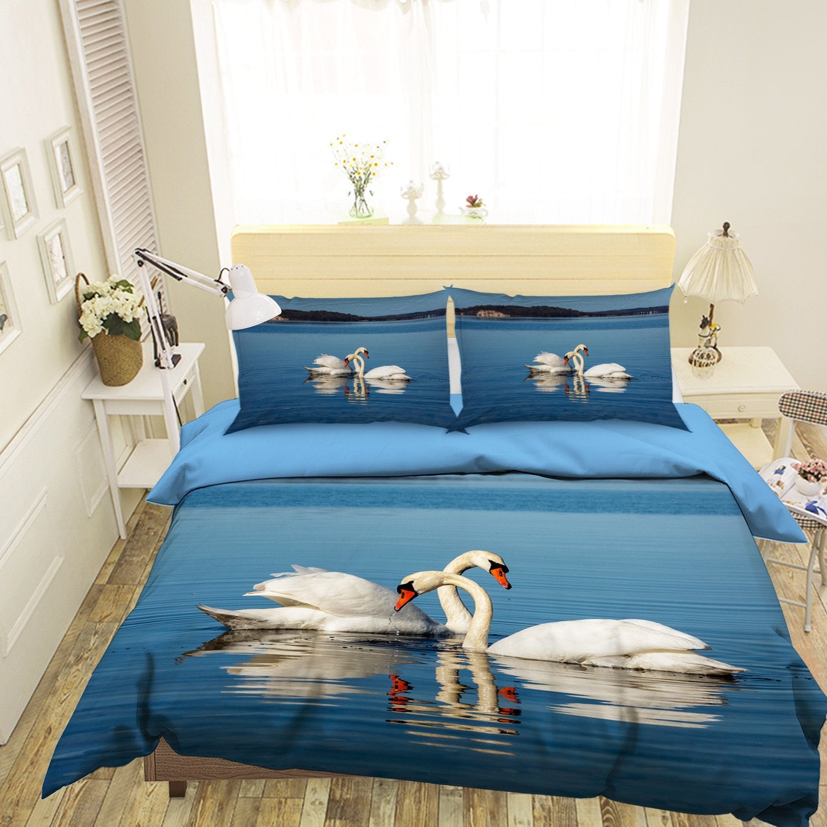 3D Swan Playing 2001 Bed Pillowcases Quilt Quiet Covers AJ Creativity Home