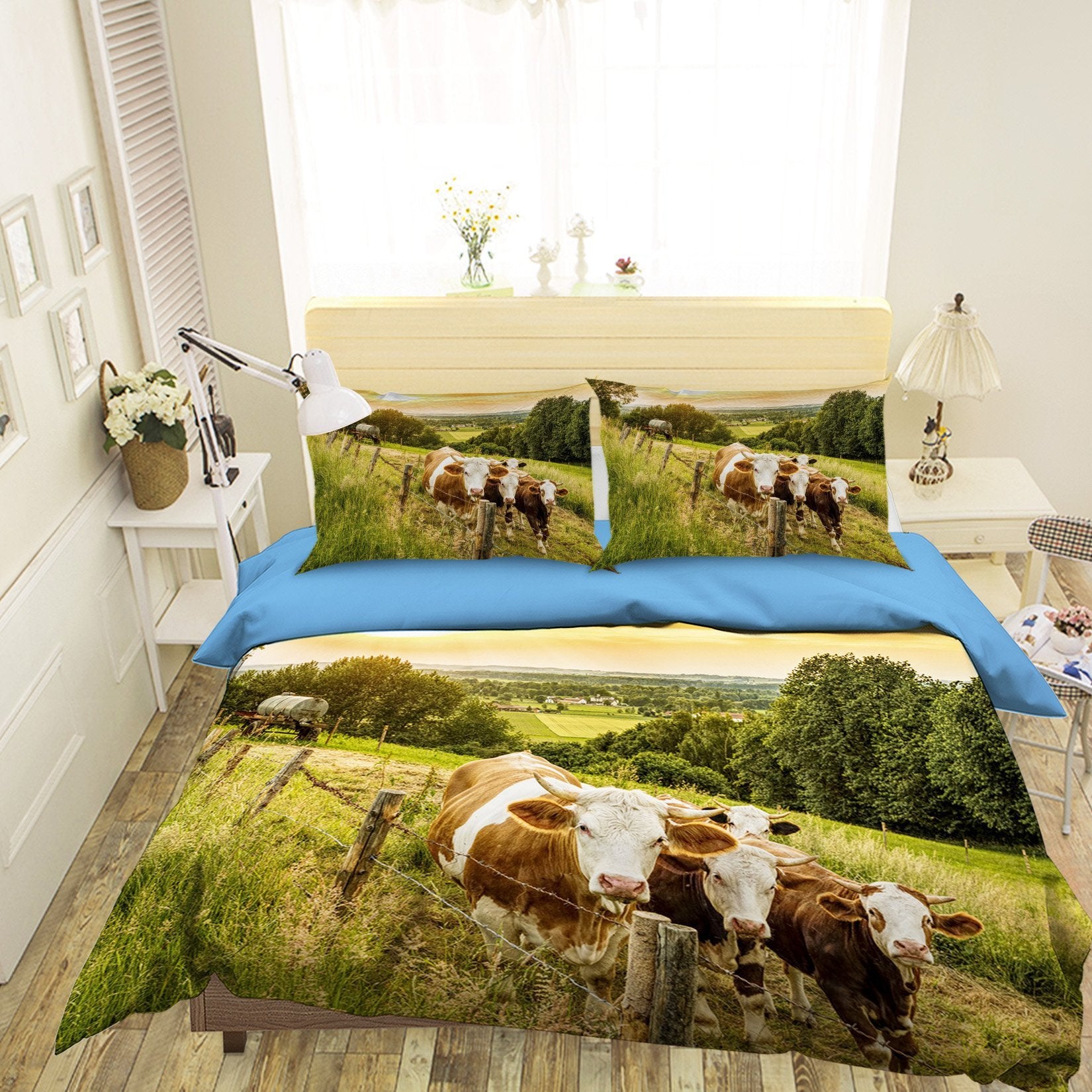 3D Cow Grazing 1930 Bed Pillowcases Quilt Quiet Covers AJ Creativity Home