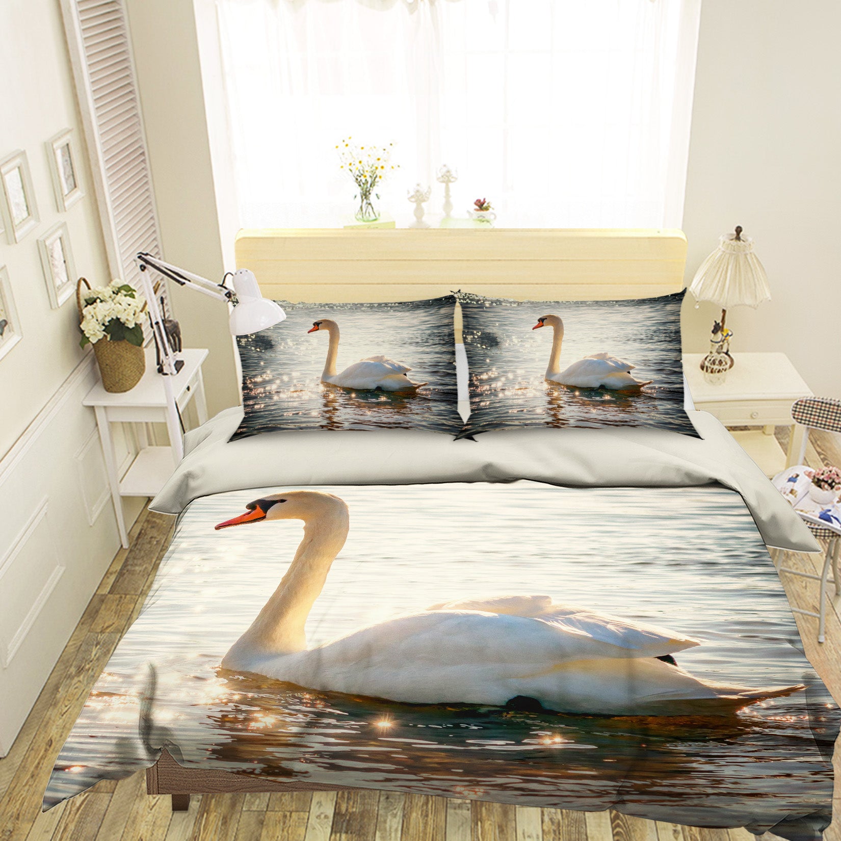3D White Swan 1946 Bed Pillowcases Quilt