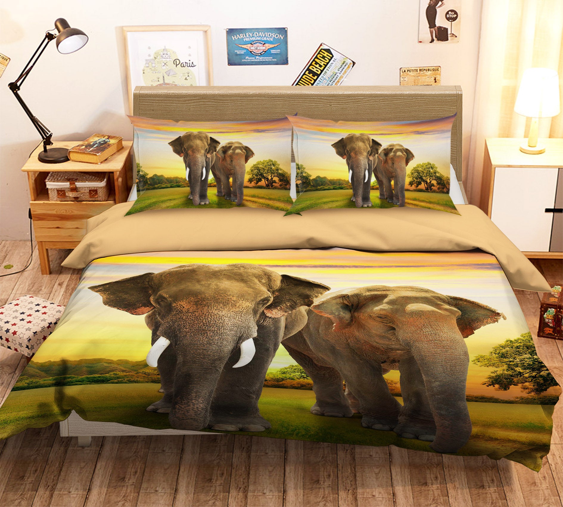 3D Sunset Elephant 124 Bed Pillowcases Quilt