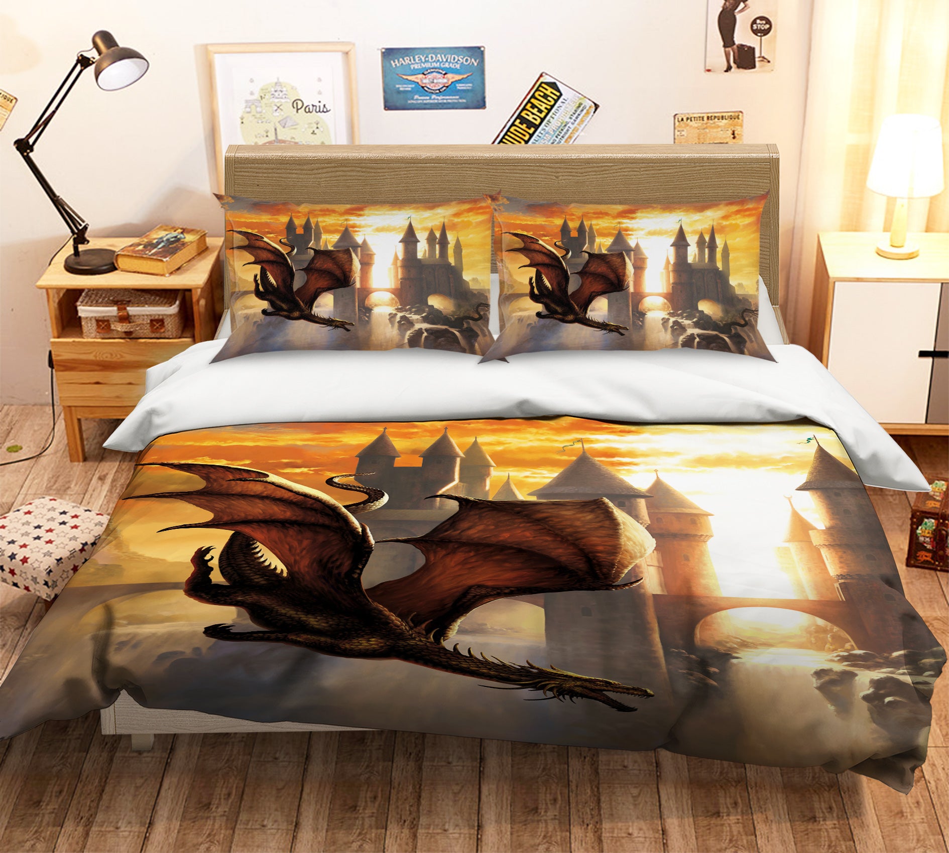 3D Castle Flying Dragon 6213 Ciruelo Bedding Bed Pillowcases Quilt