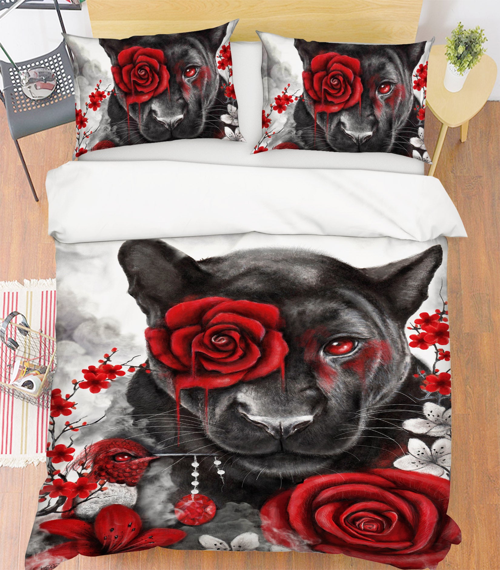 3D Red Rose Panther 8602 Sheena Pike Bedding Bed Pillowcases Quilt Cover Duvet Cover