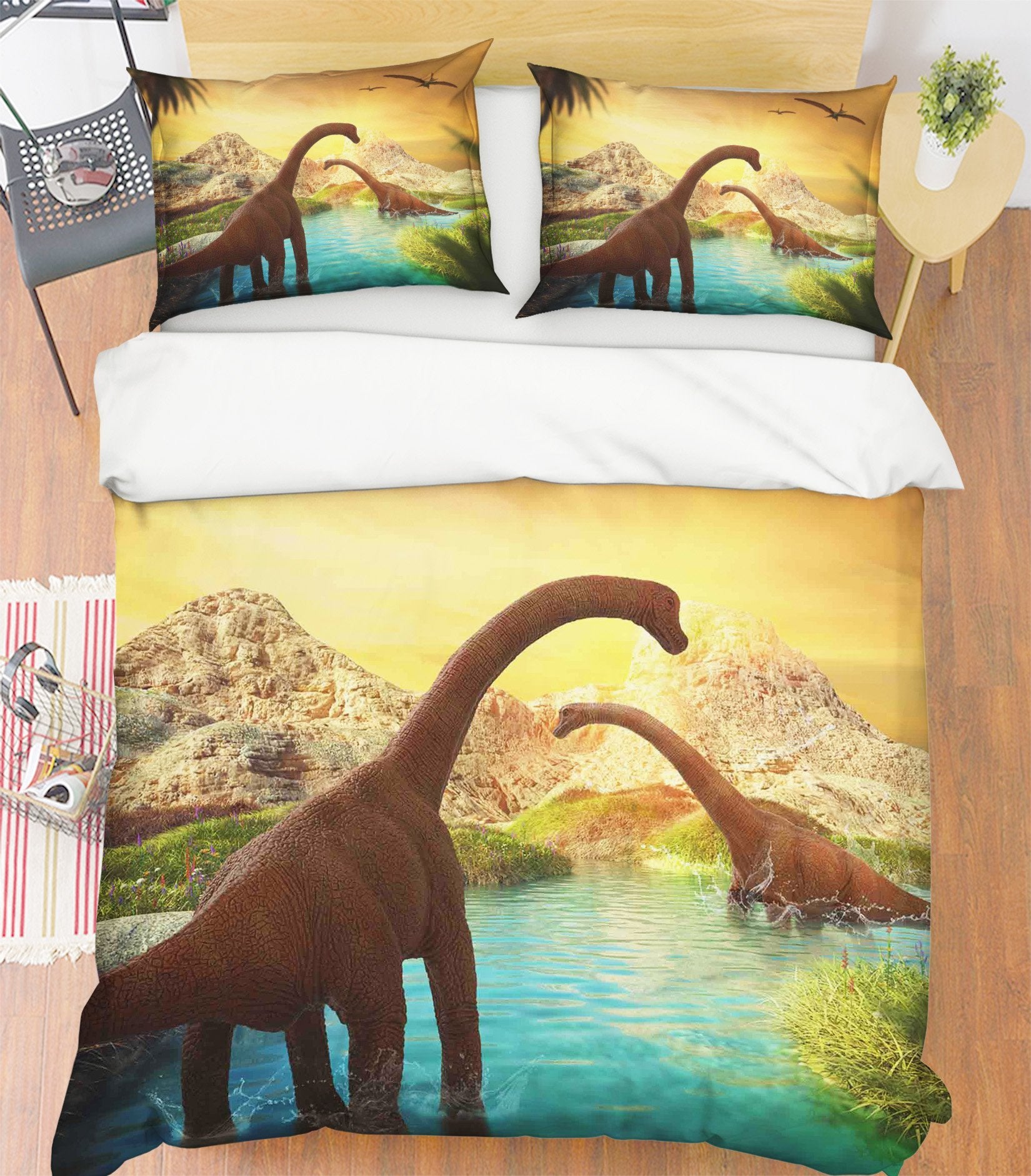 3D Sunset Brontosaurus 092 Bed Pillowcases Quilt Wallpaper AJ Wallpaper