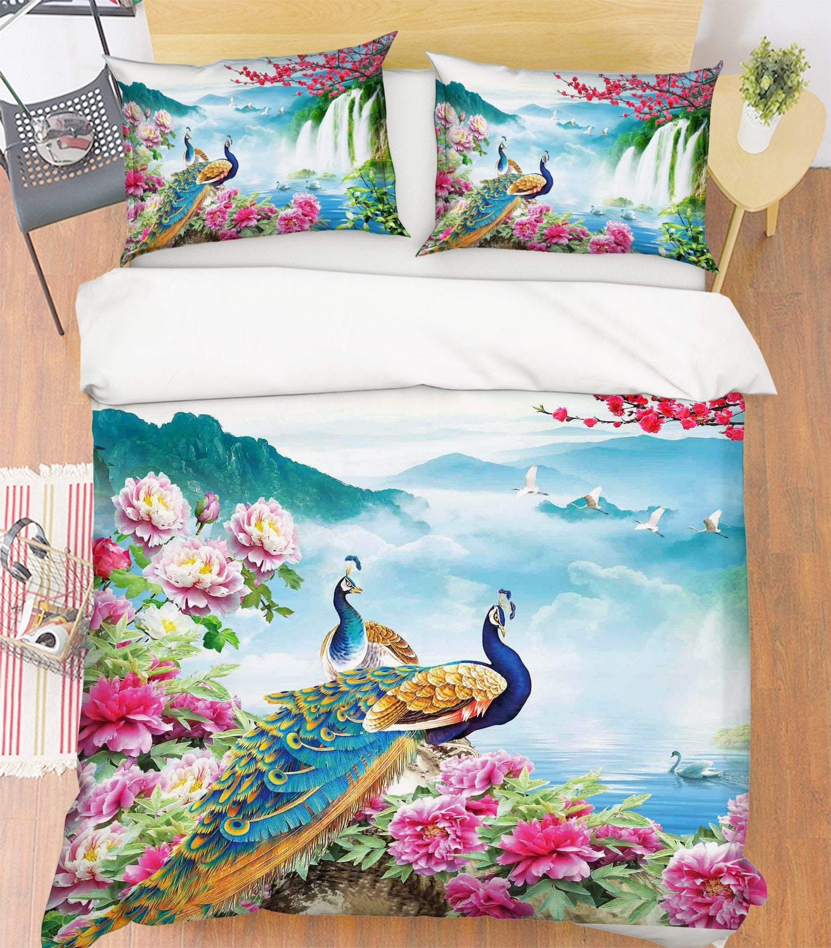 3D Waterfall Peacock 197 Bed Pillowcases Quilt Wallpaper AJ Wallpaper