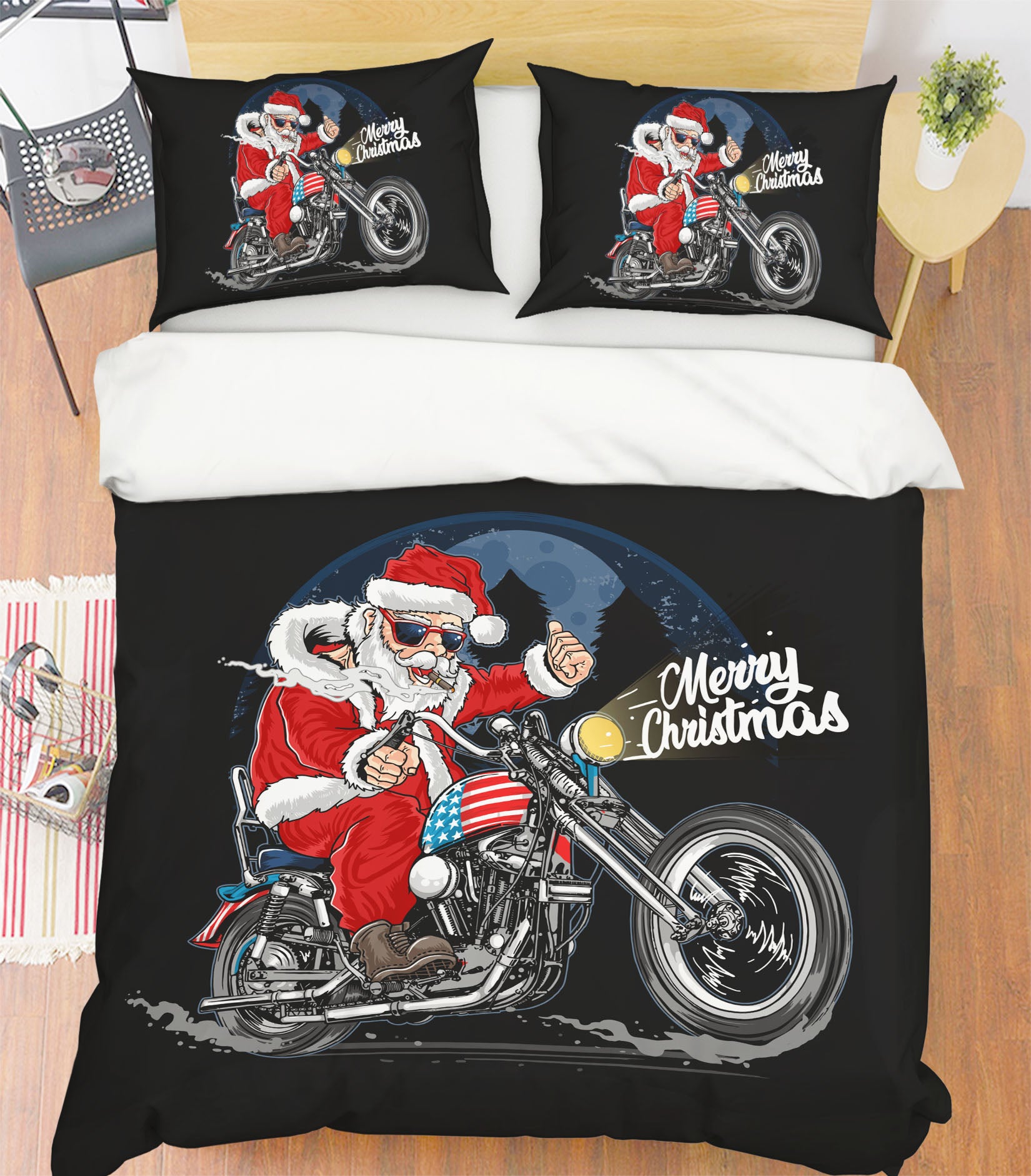 3D Santa Riding Motorcycle 64034 Bed Pillowcases Quilt