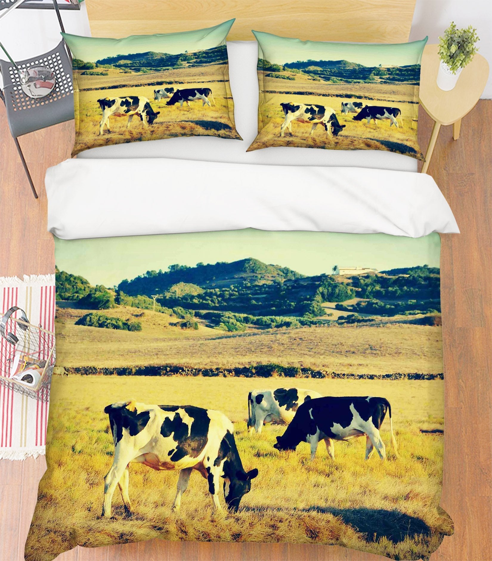 3D Cow Eating Grass 005 Bed Pillowcases Quilt Wallpaper AJ Wallpaper