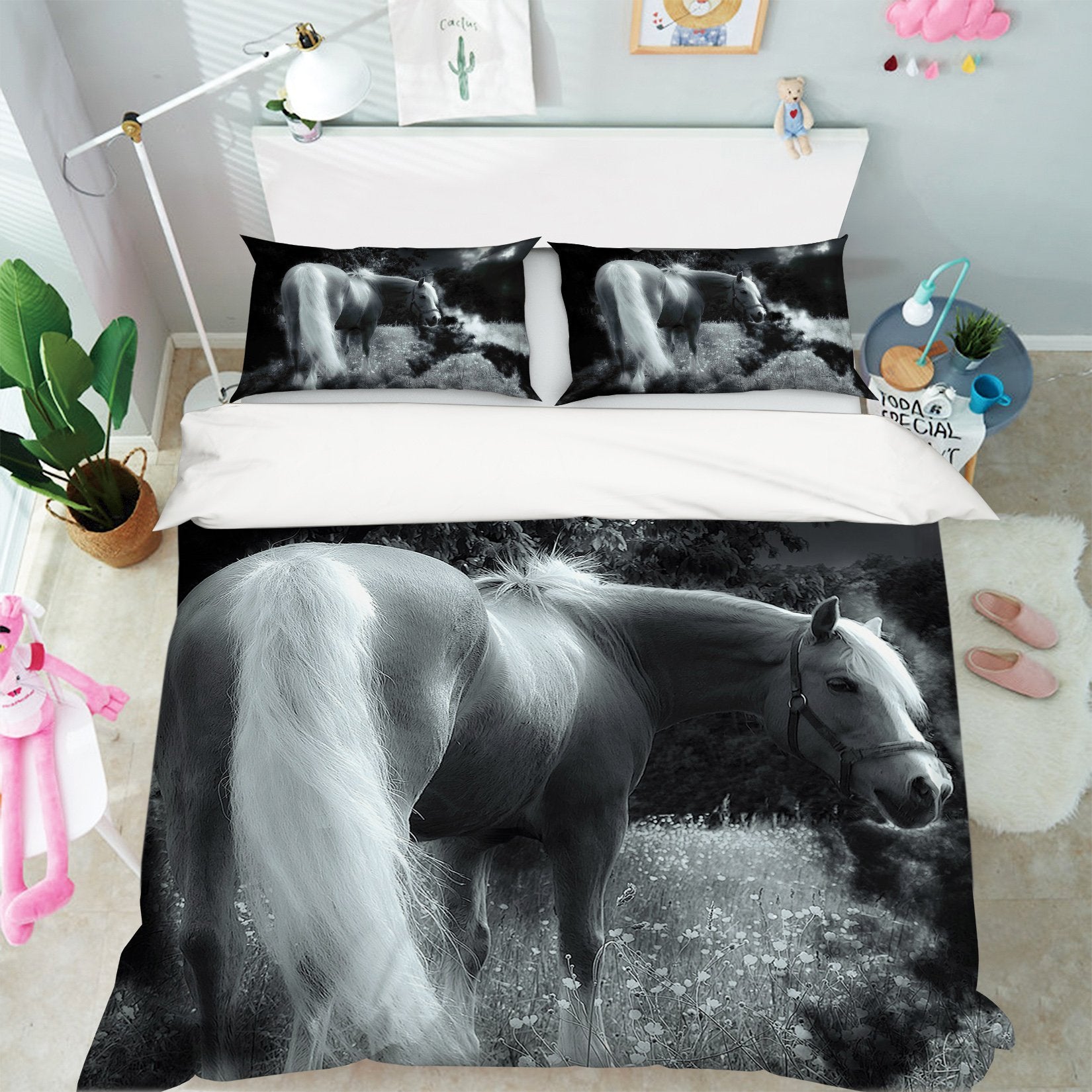 3D Grey Horse 1956 Bed Pillowcases Quilt Quiet Covers AJ Creativity Home