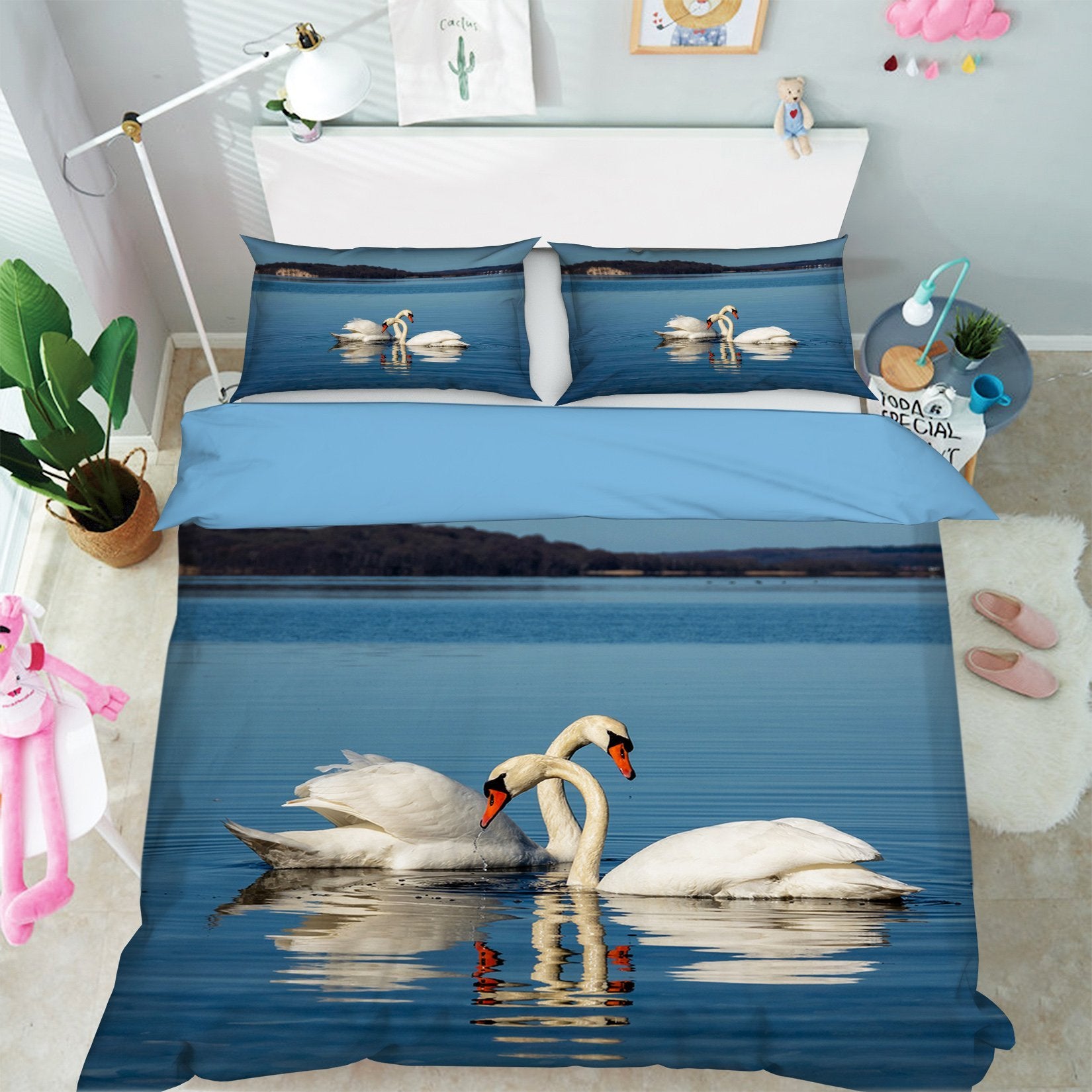 3D Swan Playing 2001 Bed Pillowcases Quilt Quiet Covers AJ Creativity Home