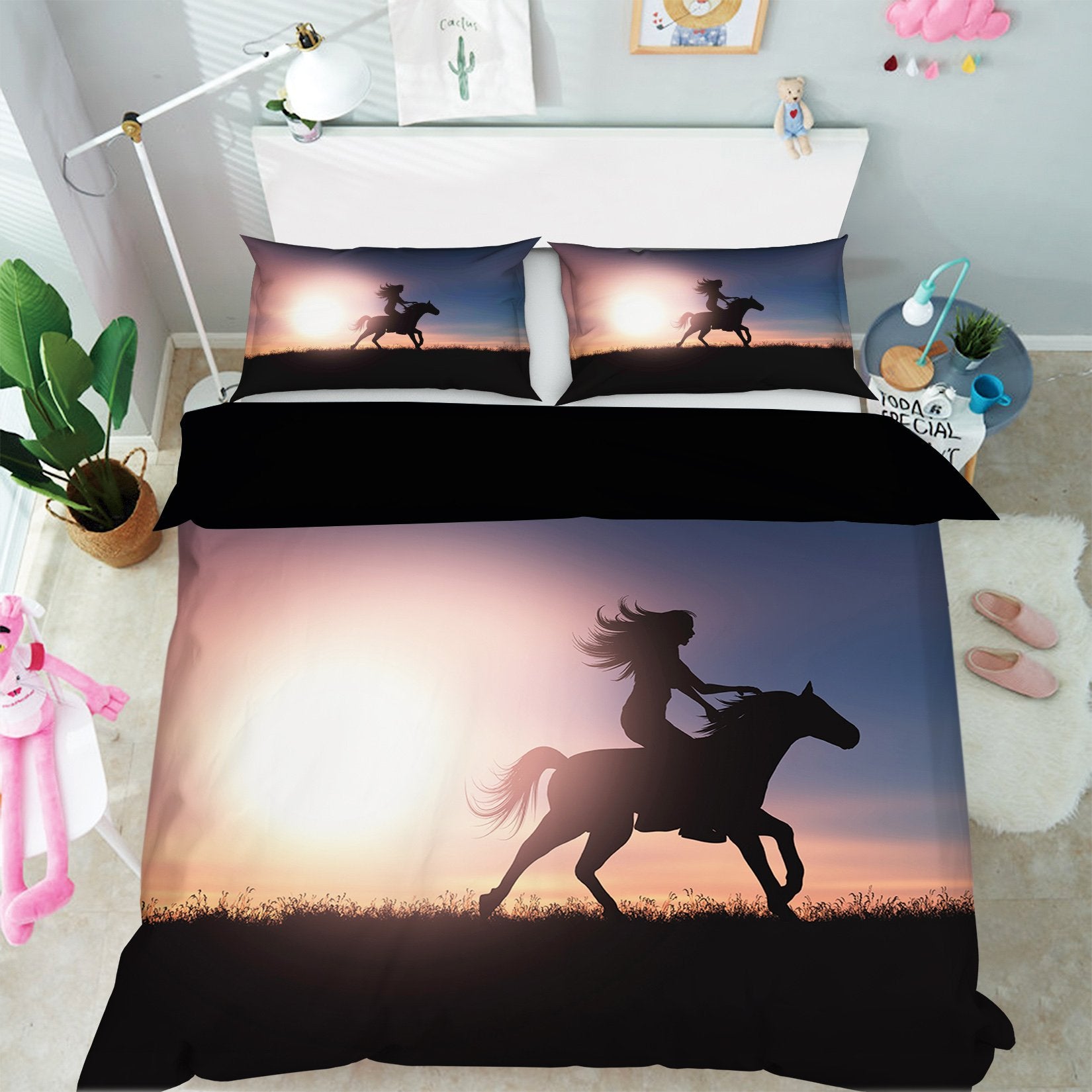 3D Sunset Riding Horse 1905 Bed Pillowcases Quilt Quiet Covers AJ Creativity Home