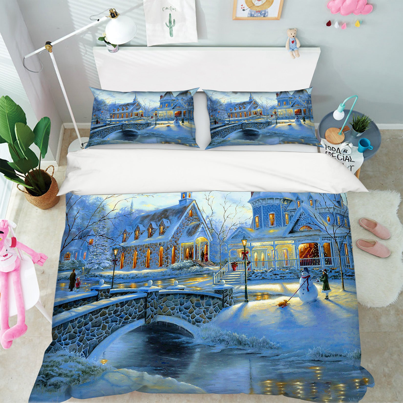 3D Snow Houses Bridge 31104 Christmas Quilt Duvet Cover Xmas Bed Pillowcases