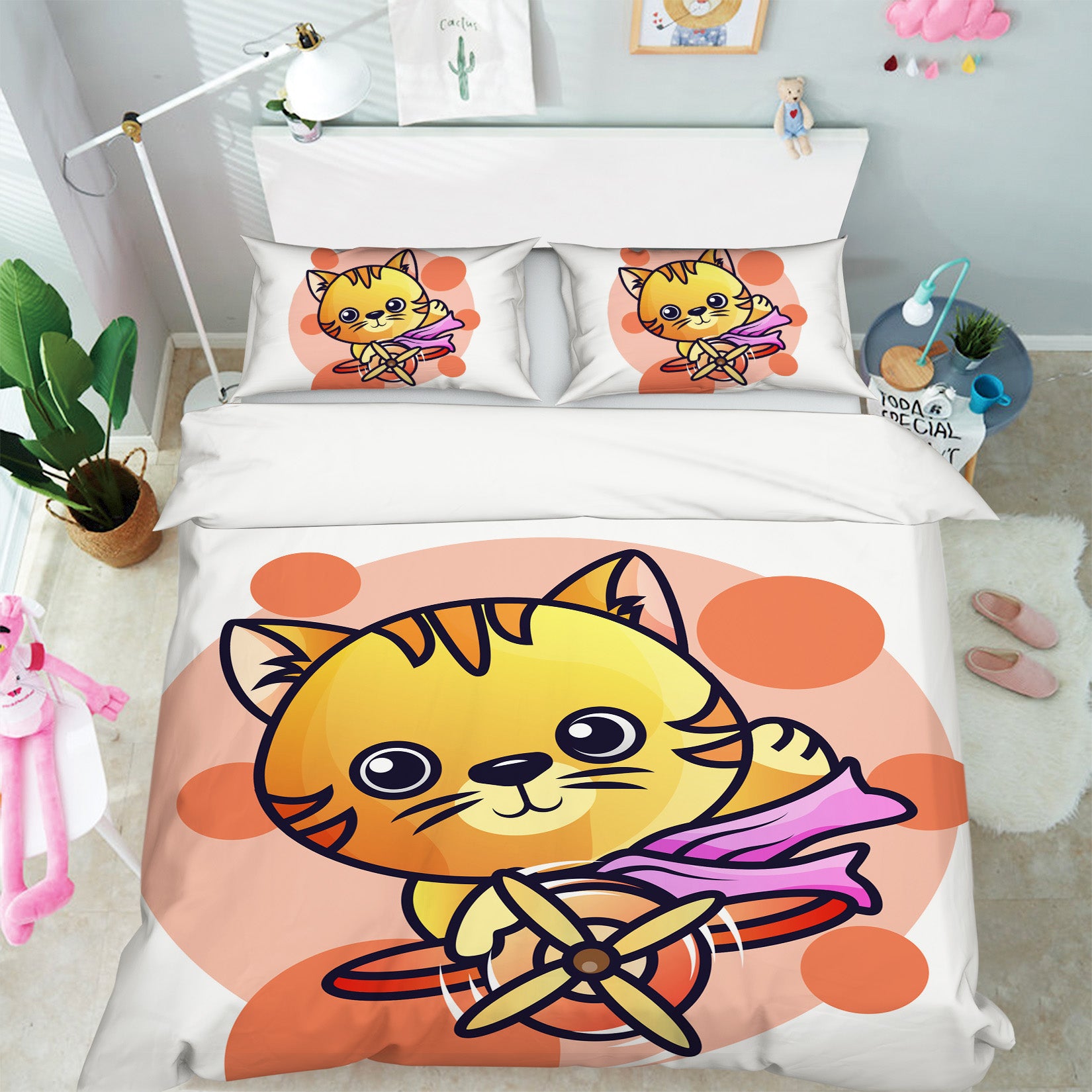 3D Airplane Yellow Cat 64031 Bed Pillowcases Quilt