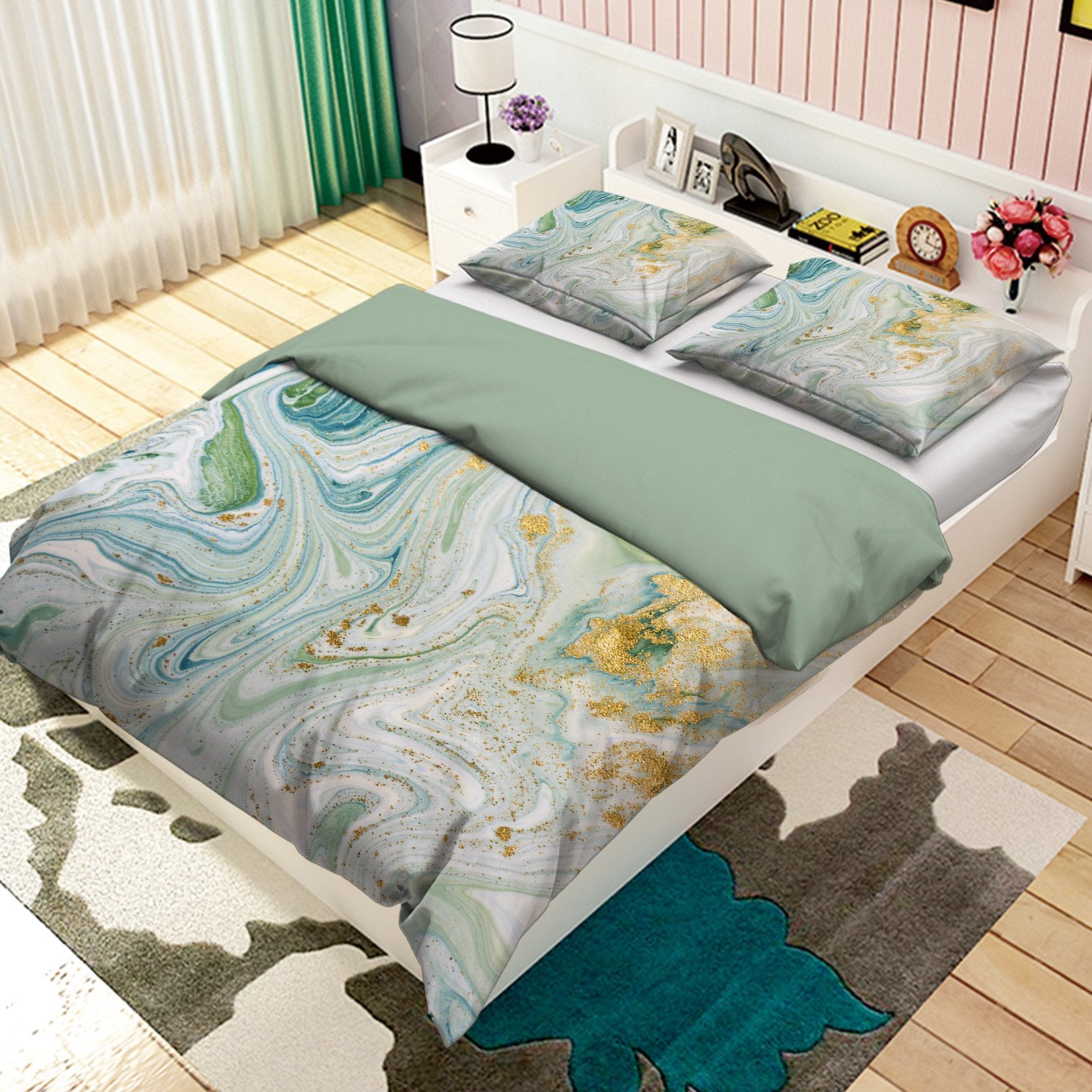 3D Green Gold White 043 Bed Pillowcases Quilt Wallpaper AJ Wallpaper