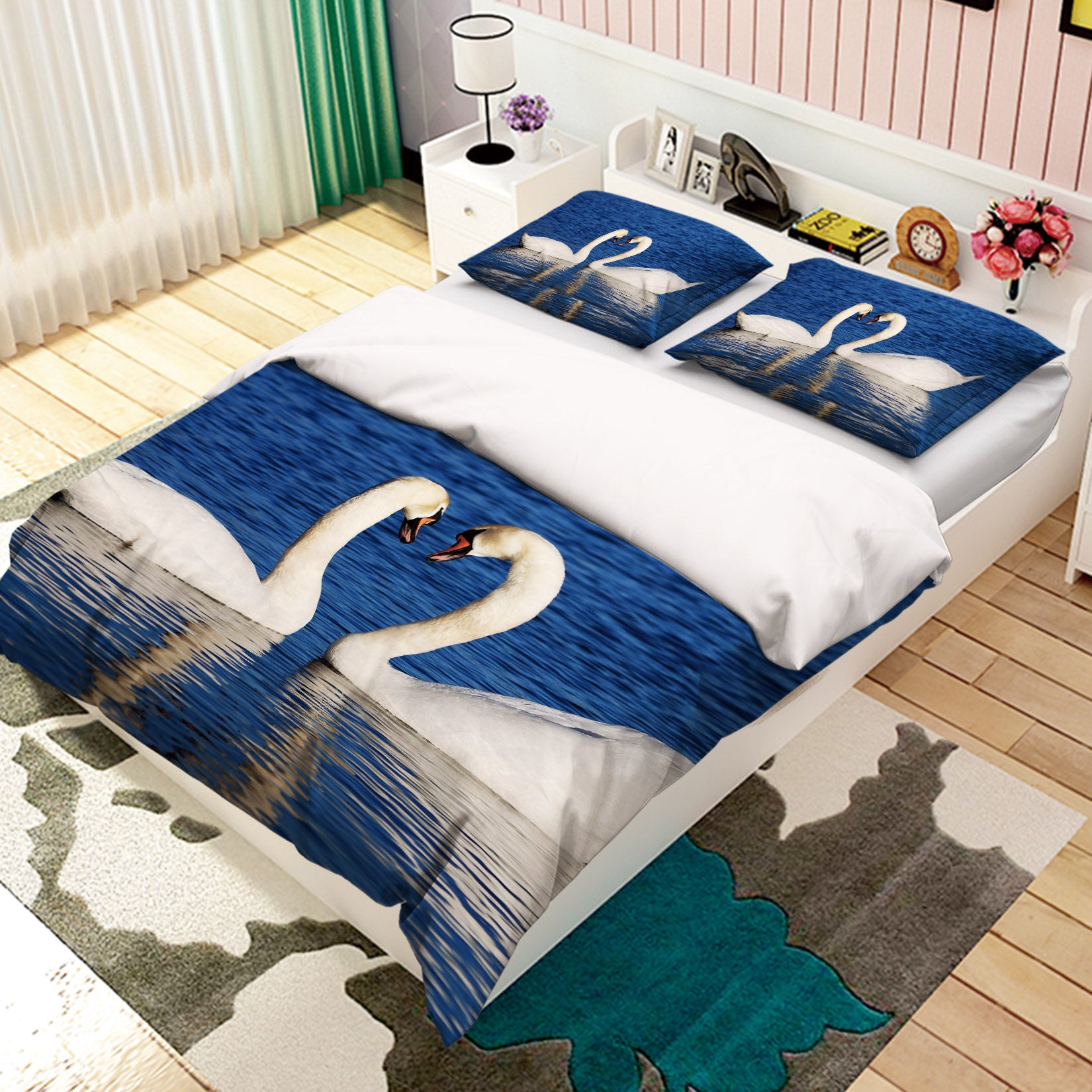 3D White Swan 131 Bed Pillowcases Quilt