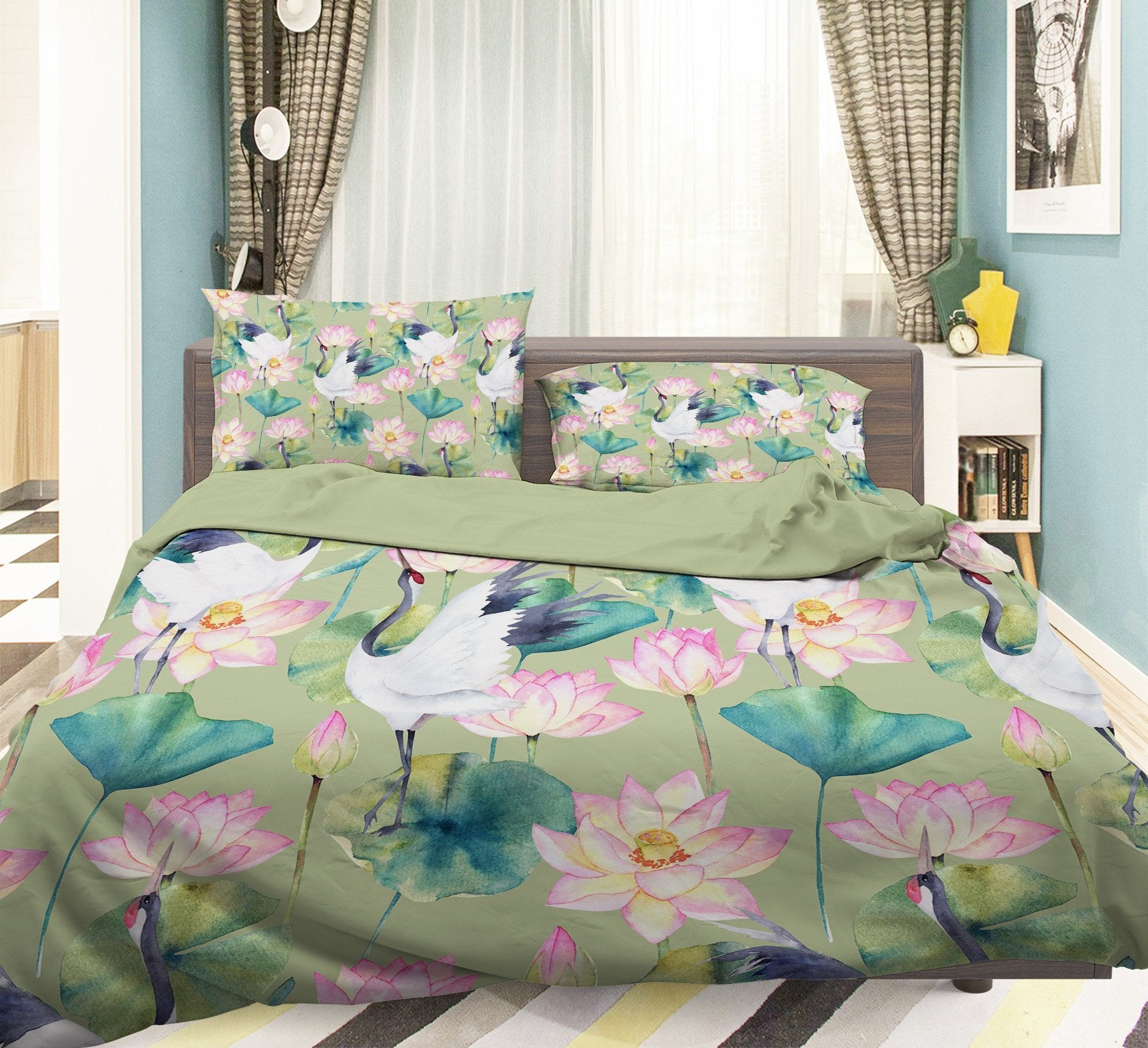 3D Lotus Flowers Cranes 285 Bed Pillowcases Quilt Wallpaper AJ Wallpaper