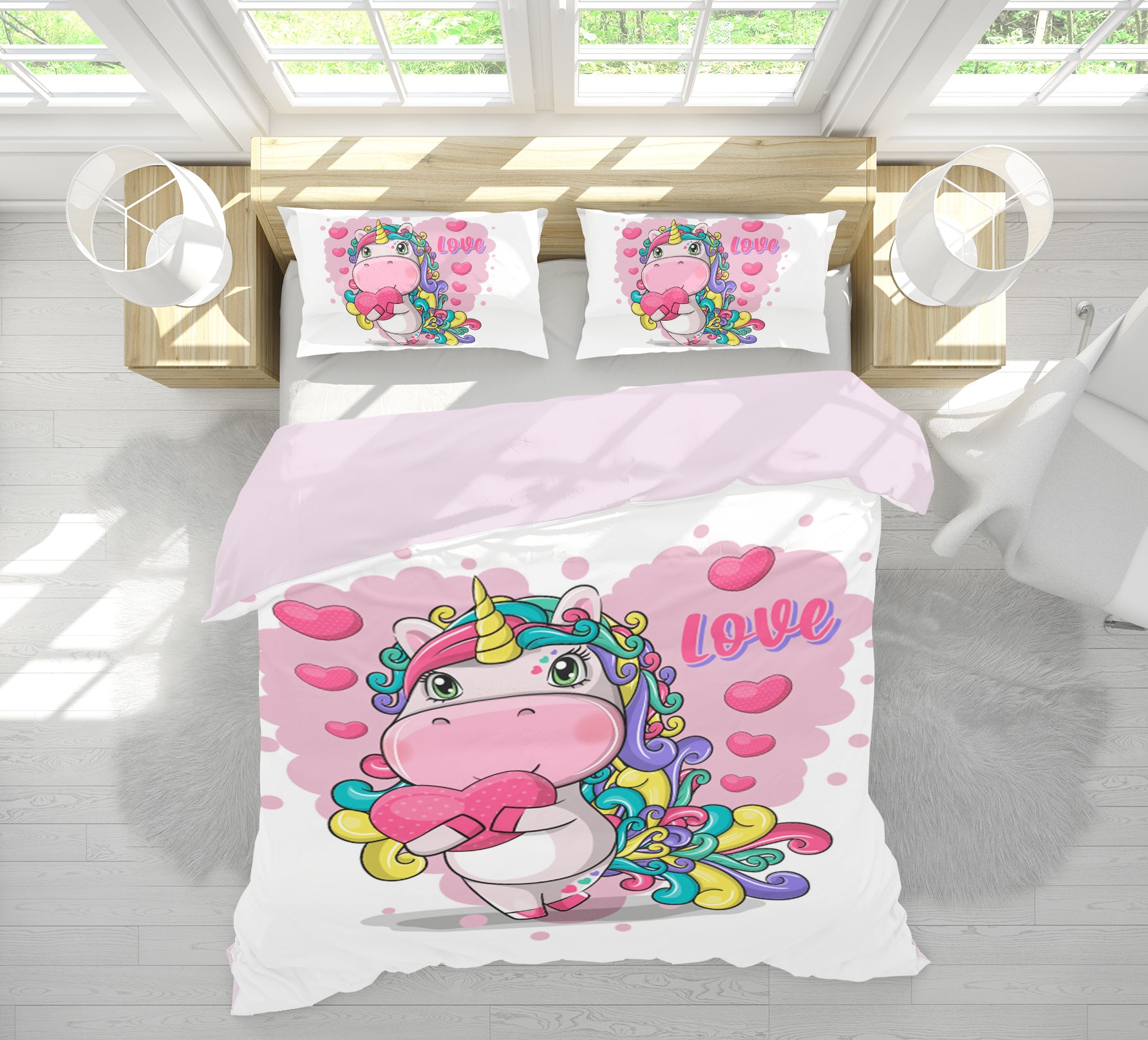 3D Pink Heart Unicorn 67011 Bed Pillowcases Quilt