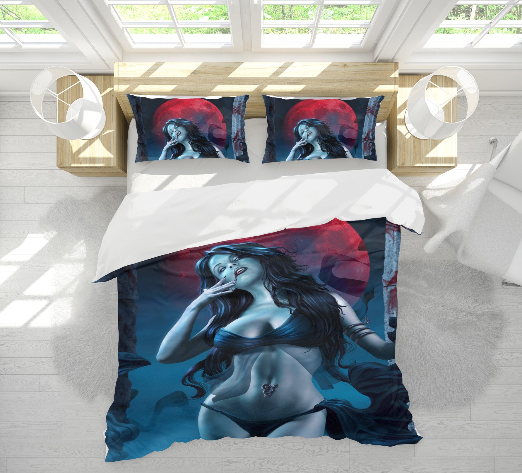 3D Beautiful Woman Red Moon 4073 Tom Wood Bedding Bed Pillowcases Quilt