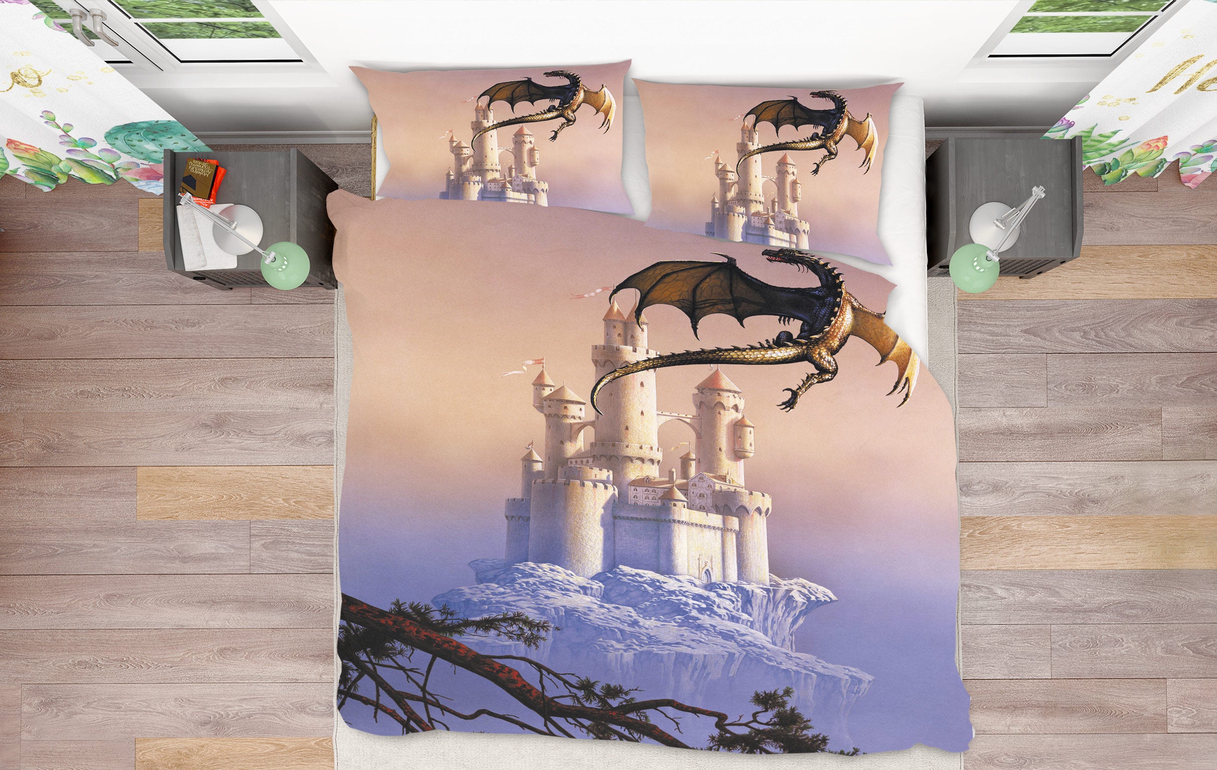 3D White Castle Flying Dragon 6169 Ciruelo Bedding Bed Pillowcases Quilt