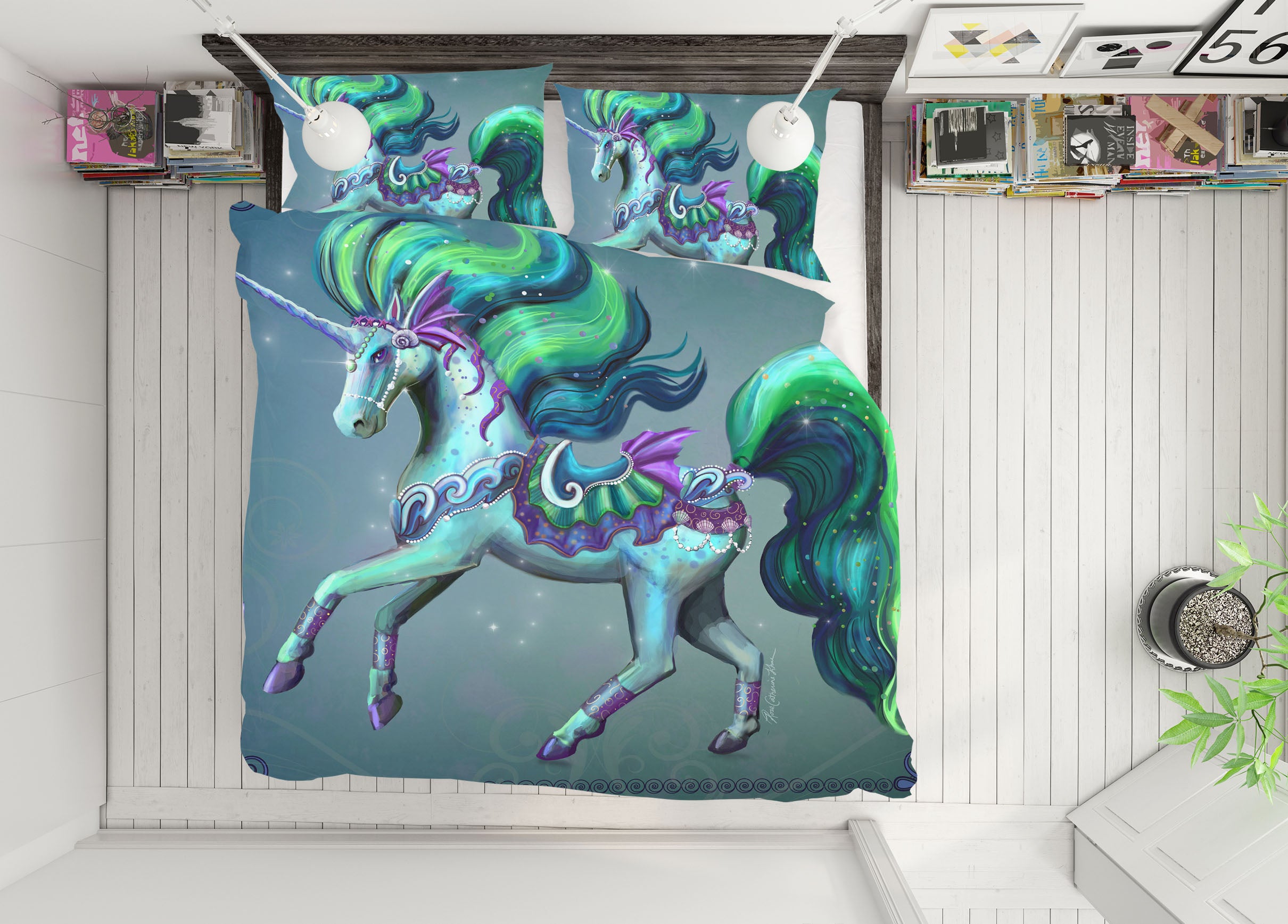 3D Green Unicorn 119 Rose Catherine Khan Bedding Bed Pillowcases Quilt