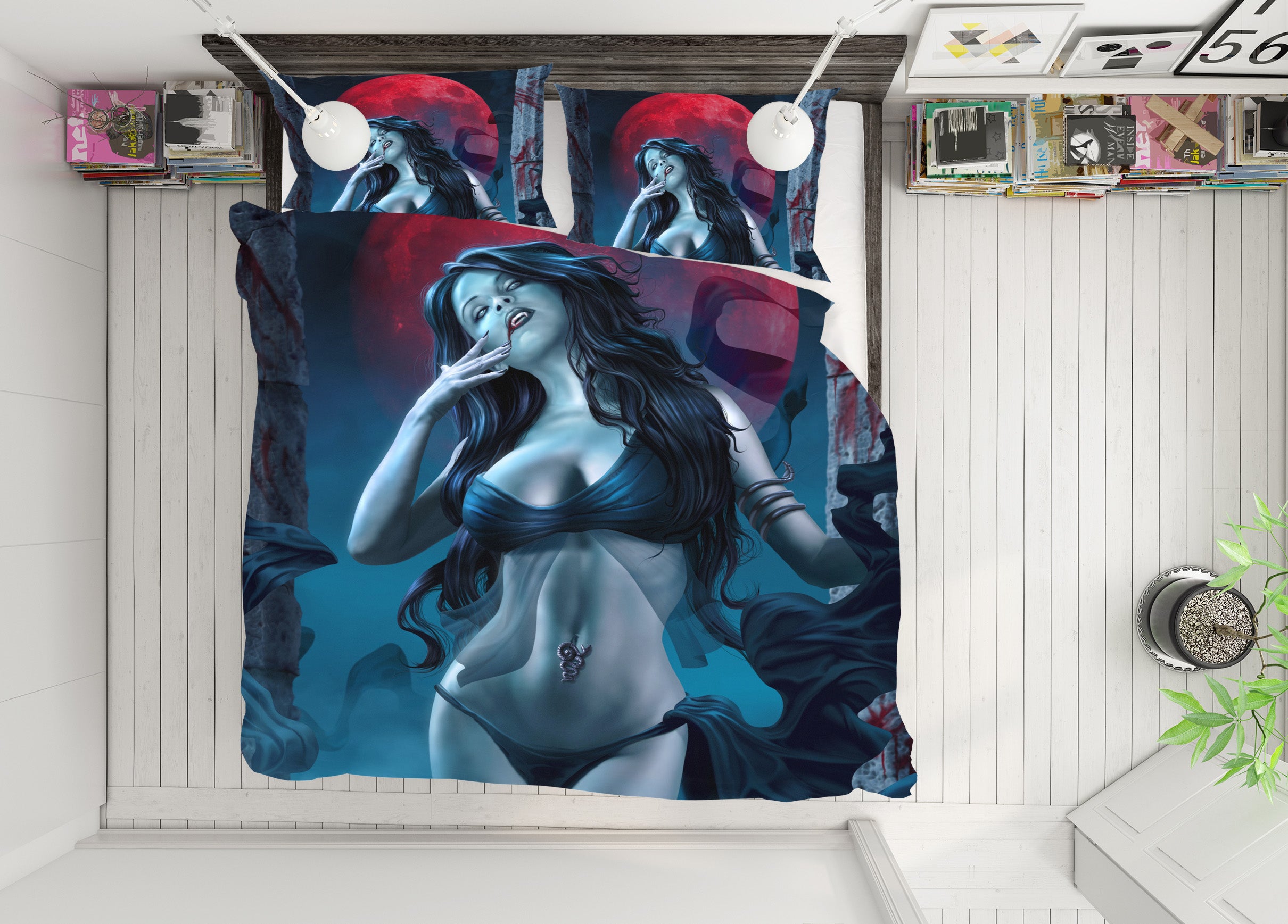 3D Beautiful Woman Red Moon 4073 Tom Wood Bedding Bed Pillowcases Quilt