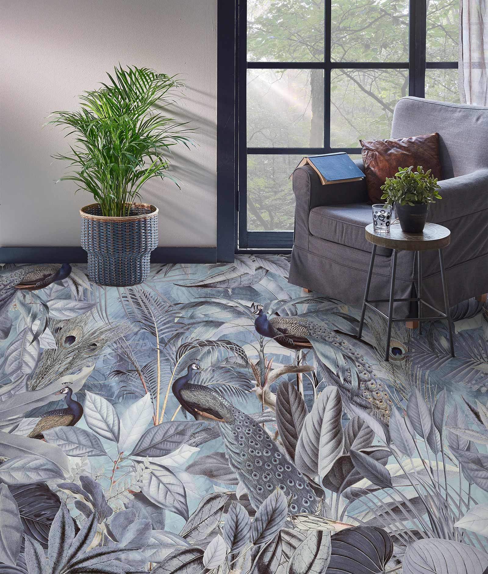 3D Grey Peacock Leaves Grove 10037 Andrea Haase Floor Mural Wallpaper Murals Self-Adhesive Removable Print Epoxy