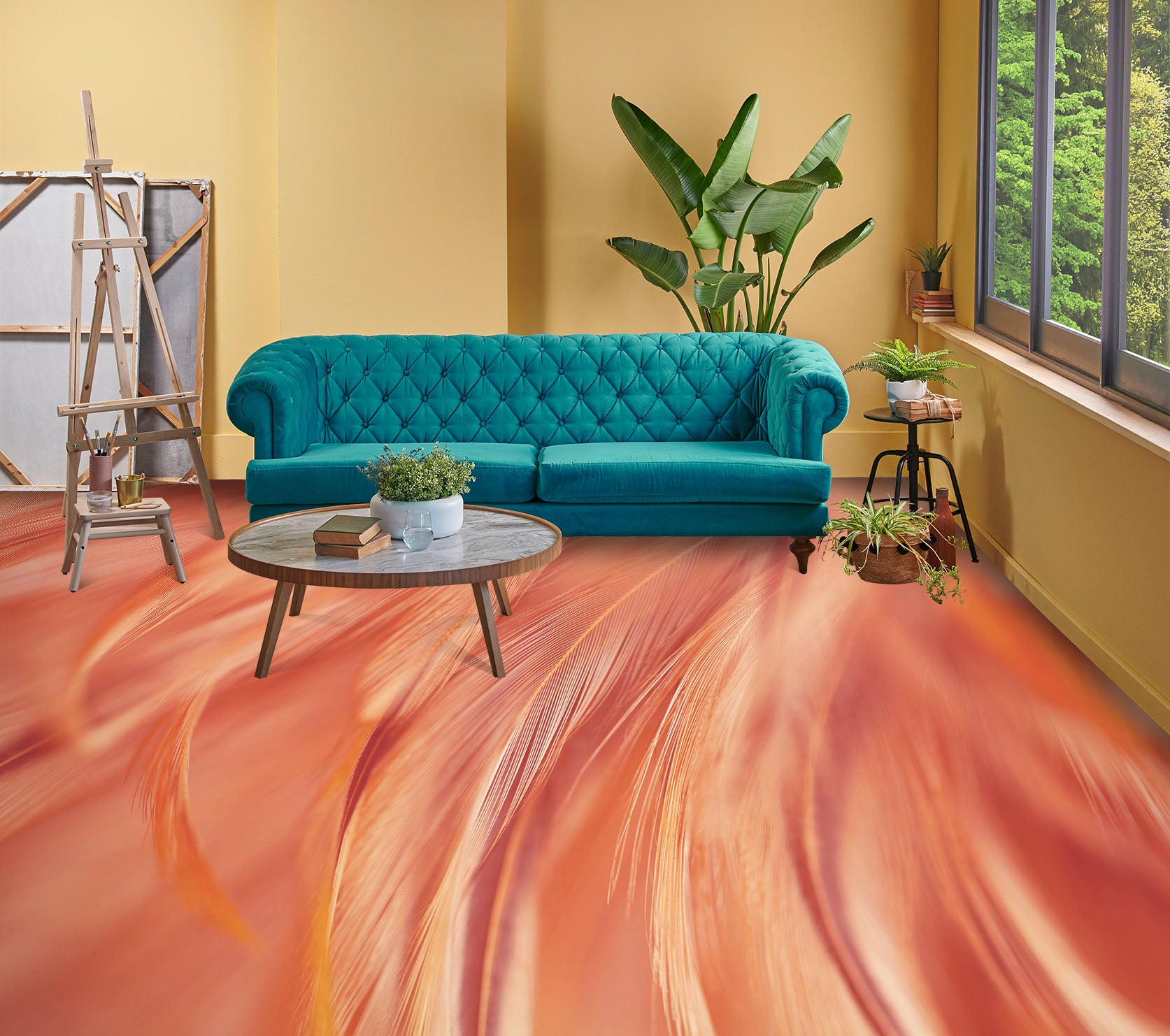 3D Orange Feathers 1144 Floor Mural Wallpaper Murals Self-Adhesive Removable Print Epoxy