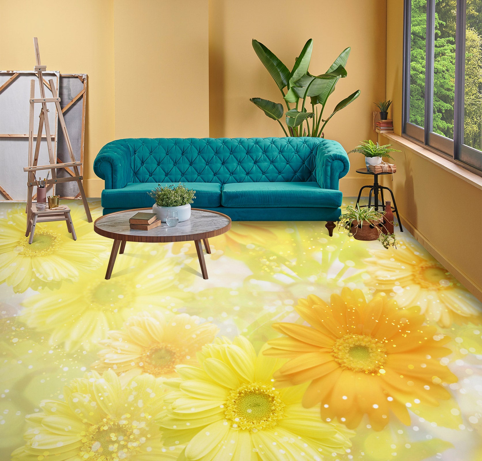 3D Romantic Yellow Flowers 1358 Floor Mural Wallpaper Murals Self-Adhesive Removable Print Epoxy
