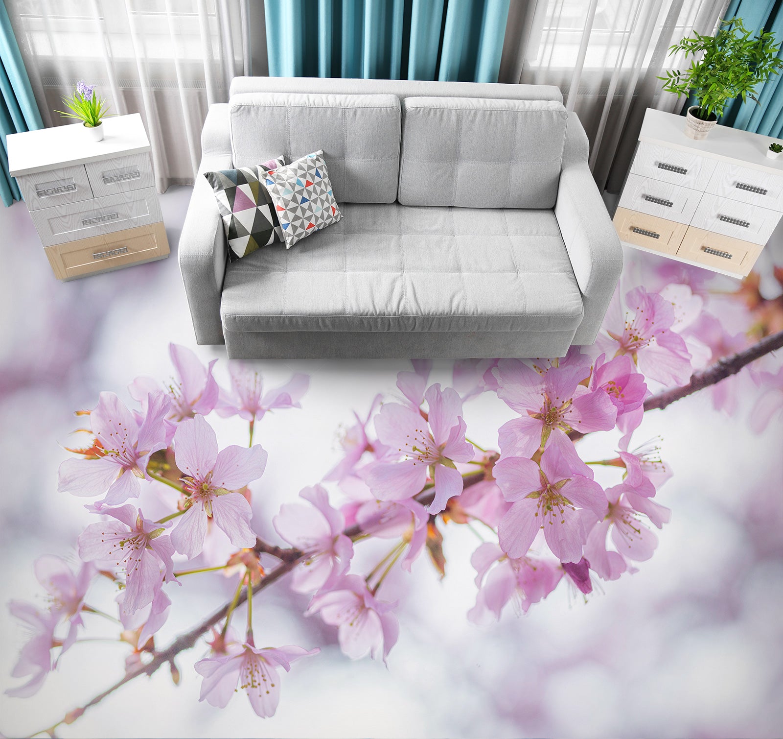 3D Pink Cherry Blossom Branch 9852 Assaf Frank Floor Mural Wallpaper Murals Self-Adhesive Removable Print Epoxy