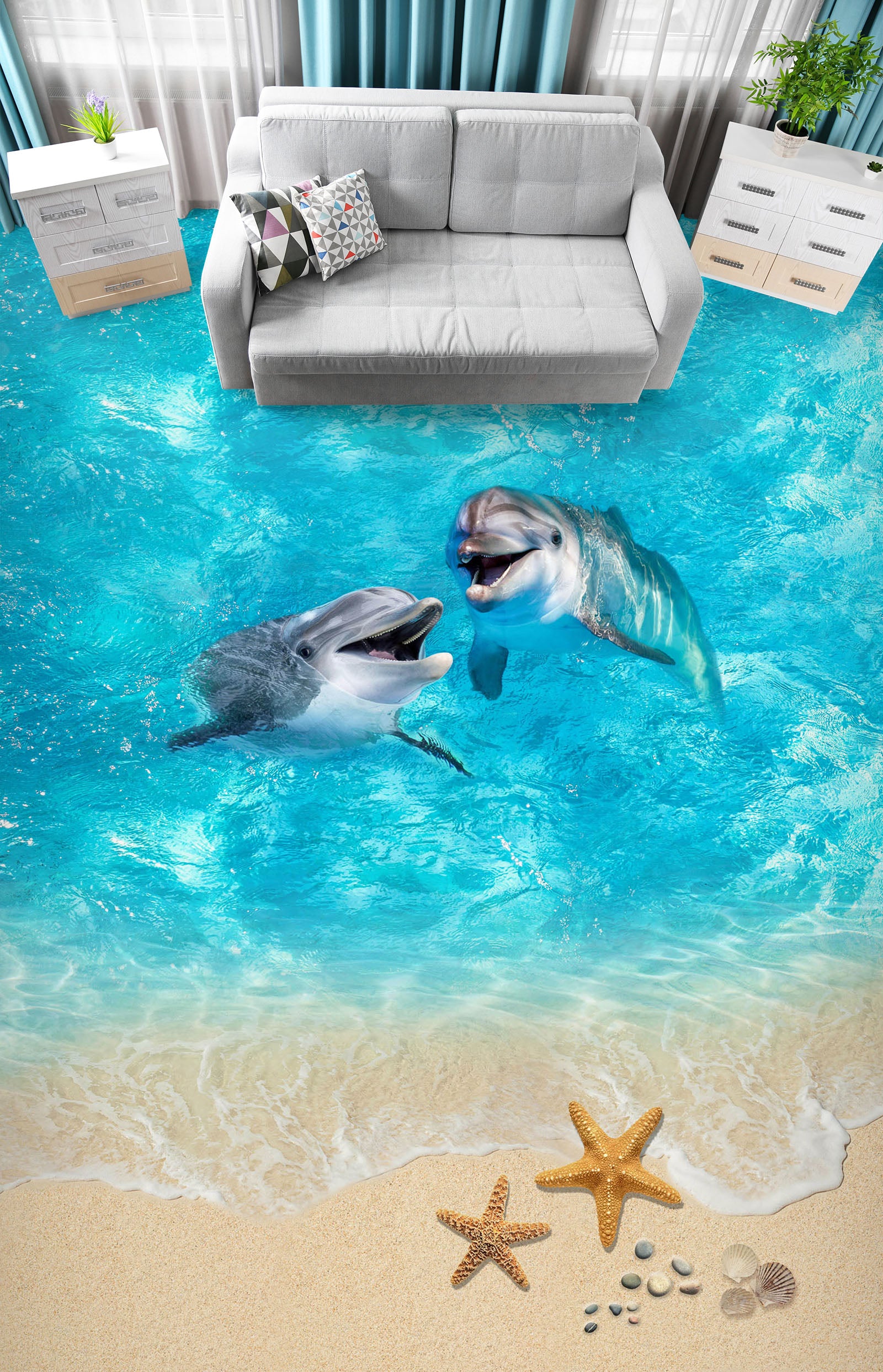3D Two Worry-free Dolphins 291 Floor Mural Wallpaper Murals Rug & Mat Print Epoxy waterproof bath floor