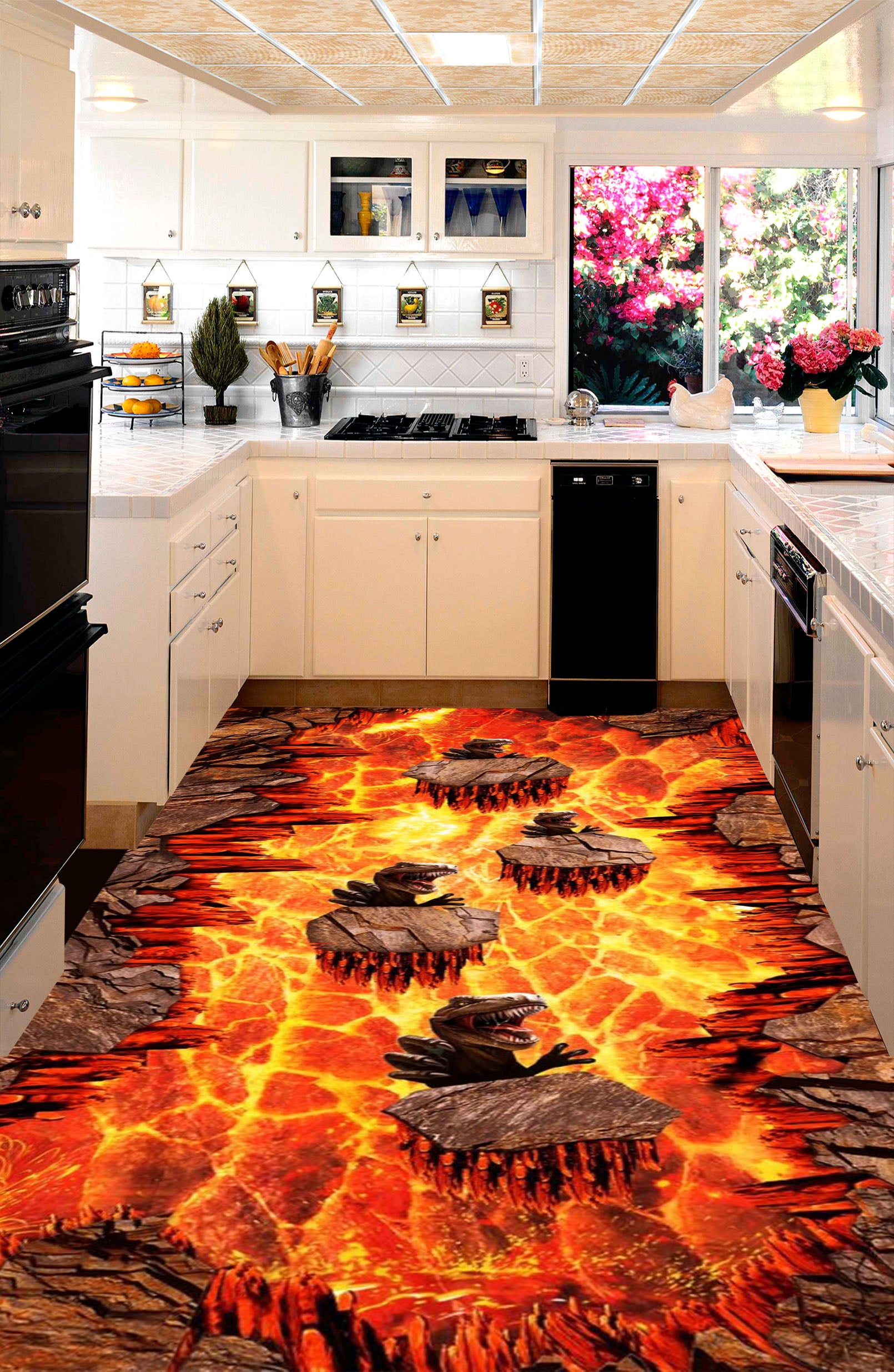 3D Flame Dinosaur 109 Floor Mural Self-Adhesive Sticker Bathroom Non-slip Waterproof Flooring Murals