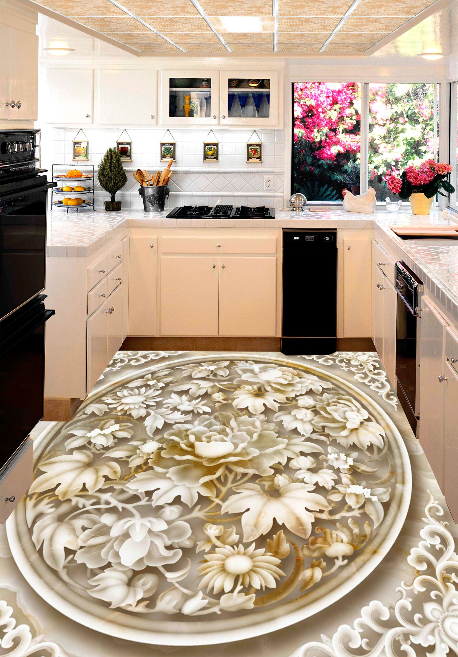 3D Elegant Flowers 144 Floor Mural Self-Adhesive Sticker Bathroom Non-slip Waterproof Flooring Murals